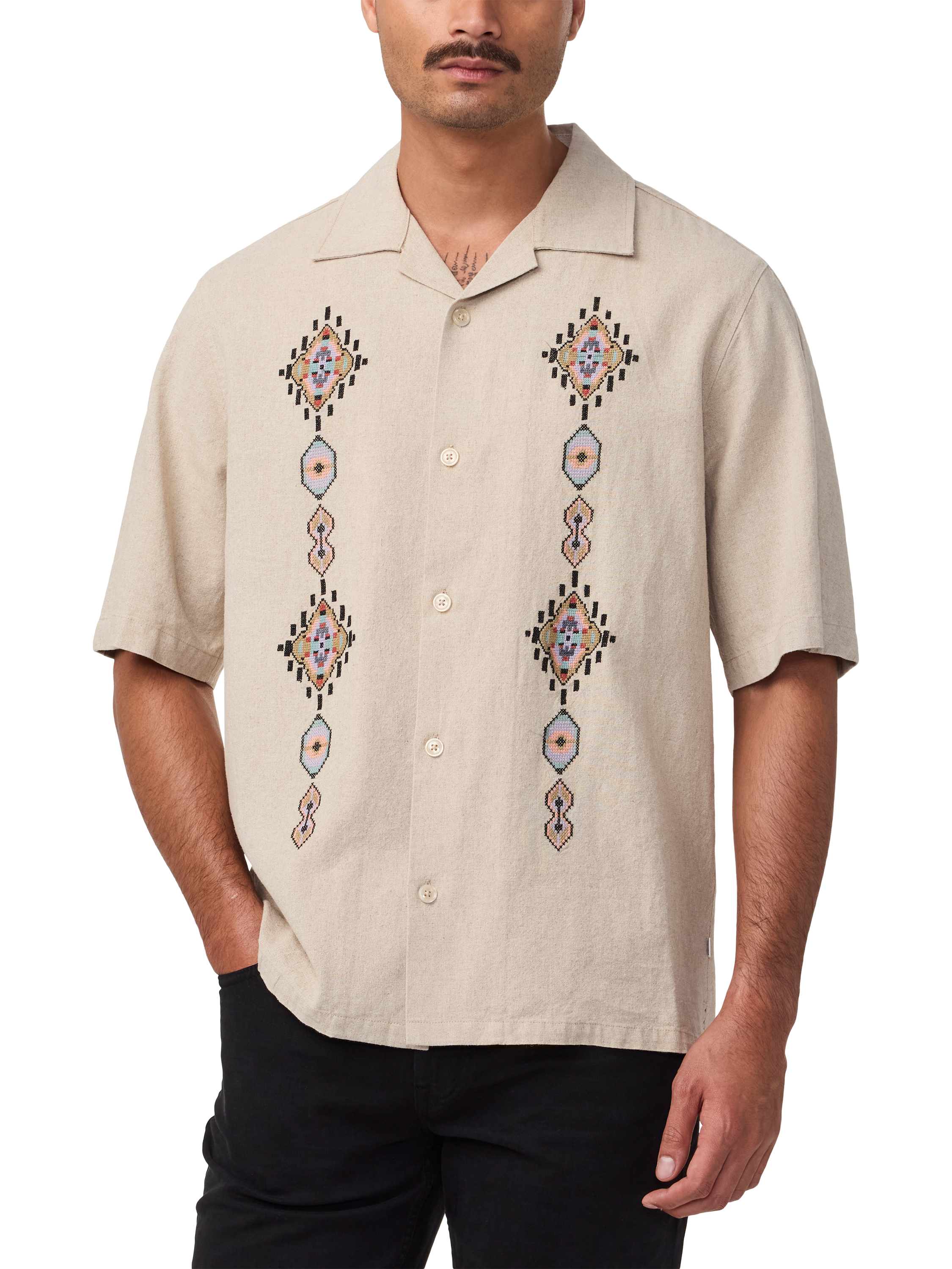 NN.07 Ole Linen Blend Regular Fit Floral Shirt, Oatmeal