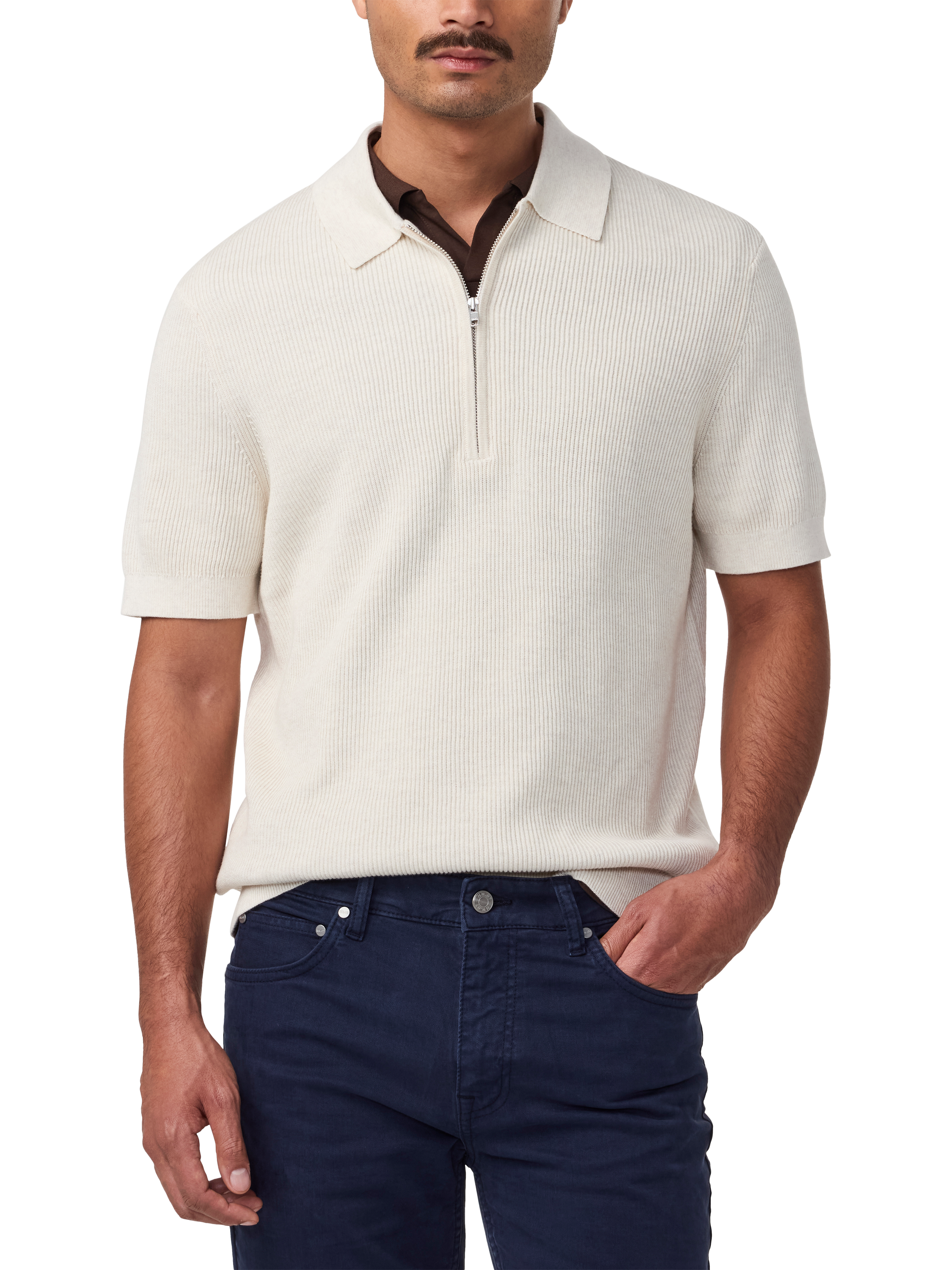 Product image 3 of 5, which shows NN.07 Hansie Cotton Regular Fit Short Sleeve Zip Neck Polo Shirt, Ivory, S