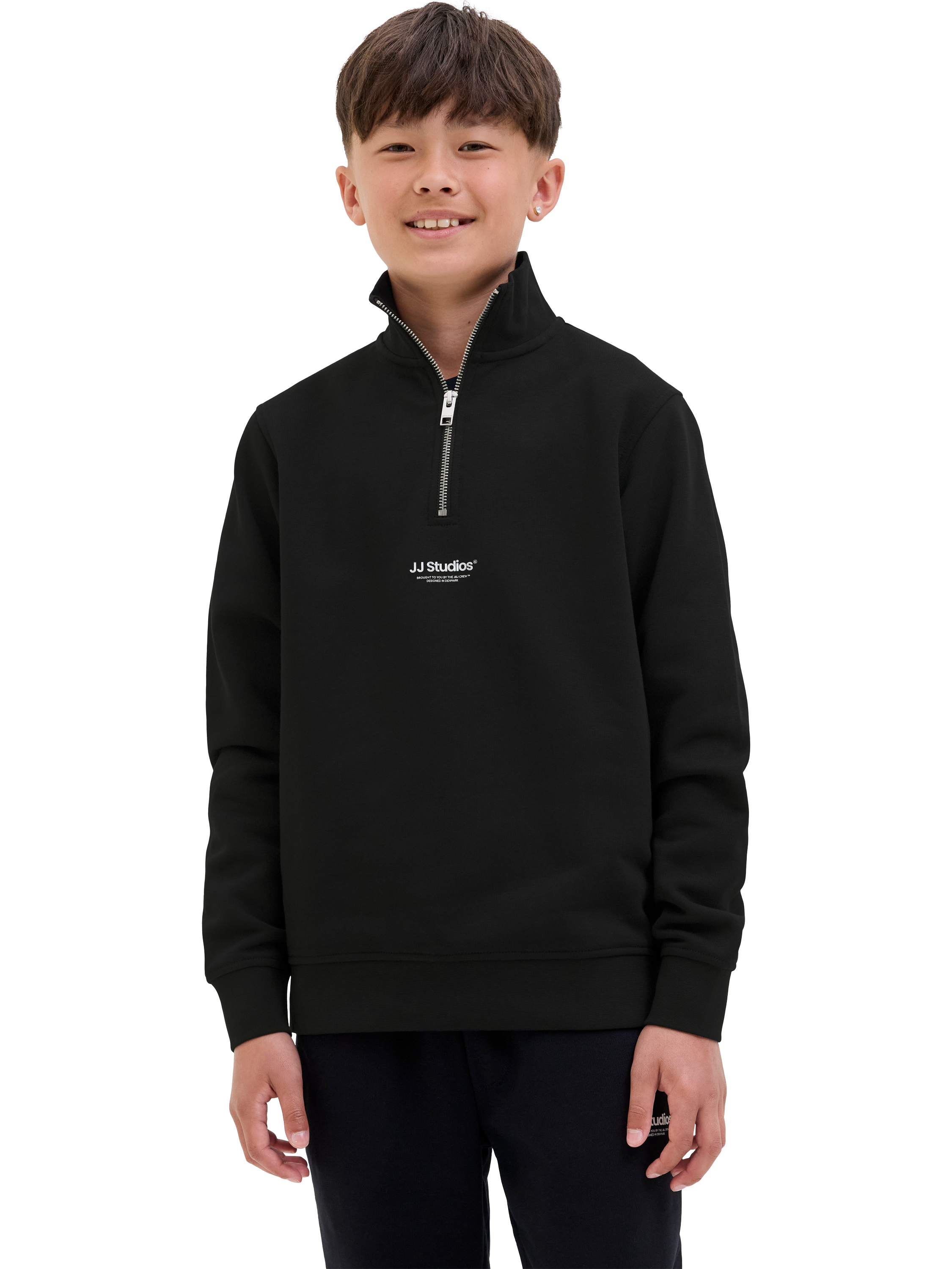 Product image 1 of 7, which shows Jack & Jones Kids' Cotton Blend High Neck Zip Sweatshirt, Black, 8 years