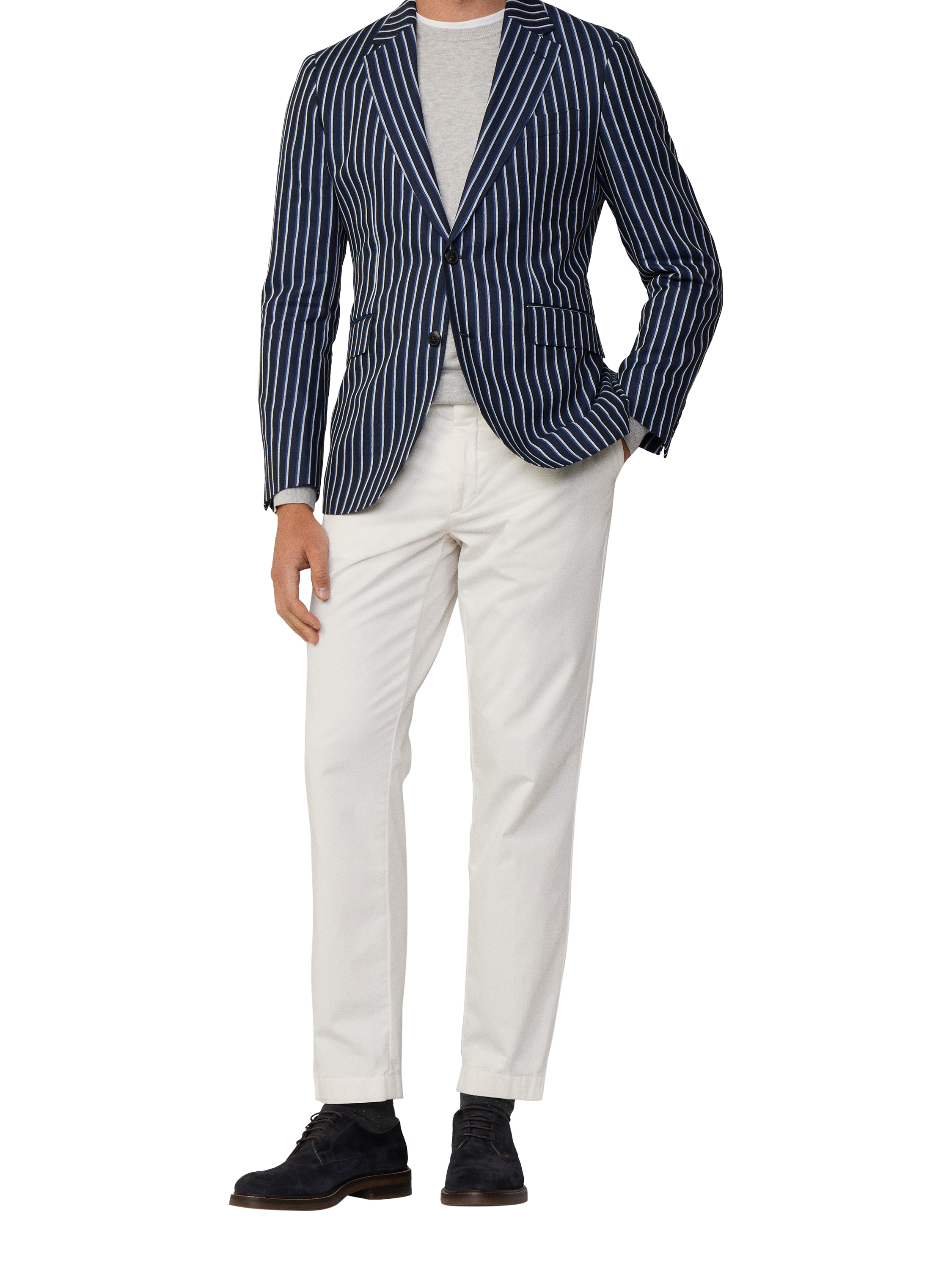 Product image 1 of 7, which shows Hackett London Linen Blend Striped Blazer, Navy, 48