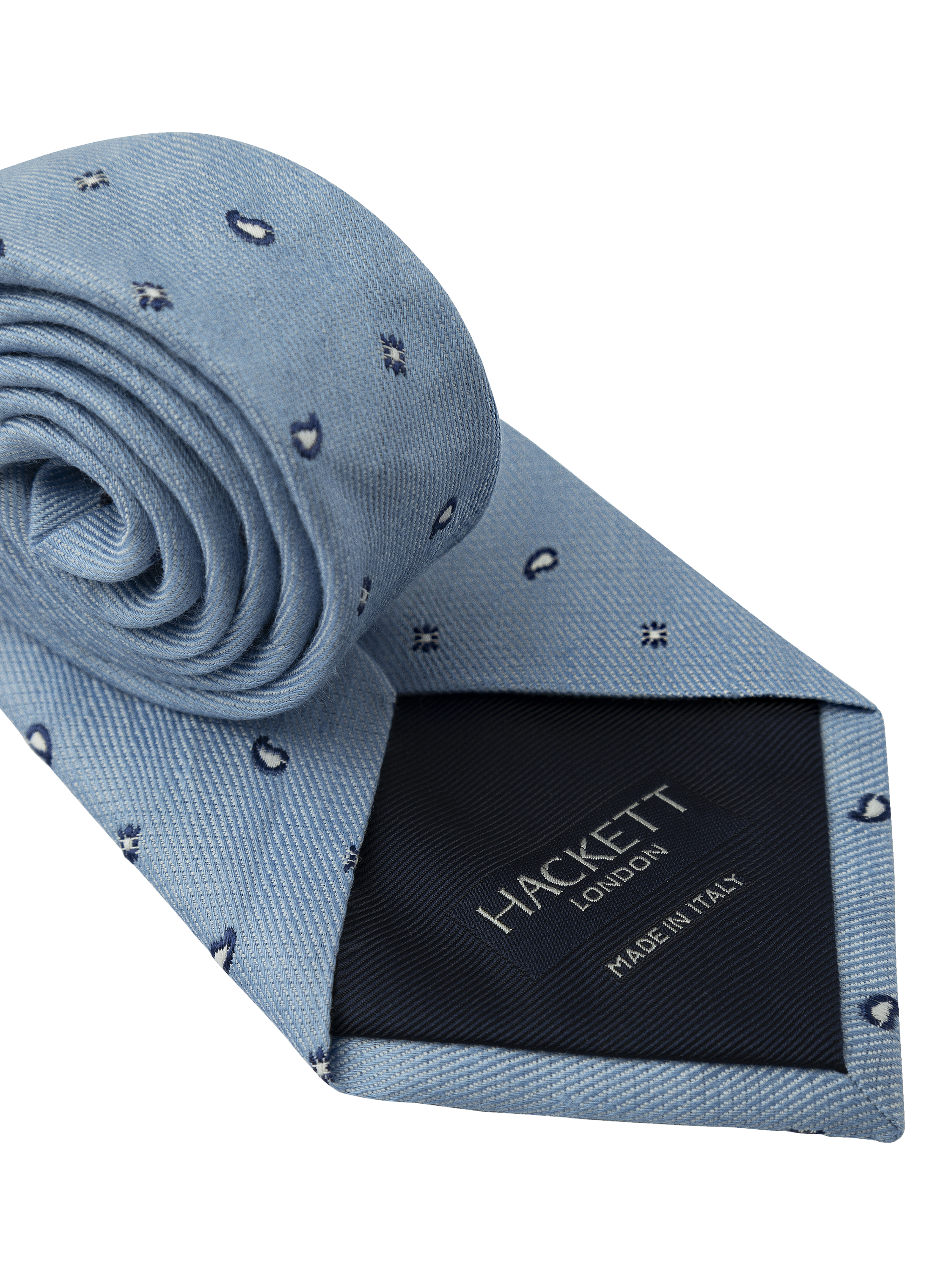 Product image 2 of 4, which shows Hackett London Paisley Pip Linen Cotton Blend Tie, Sky Blue