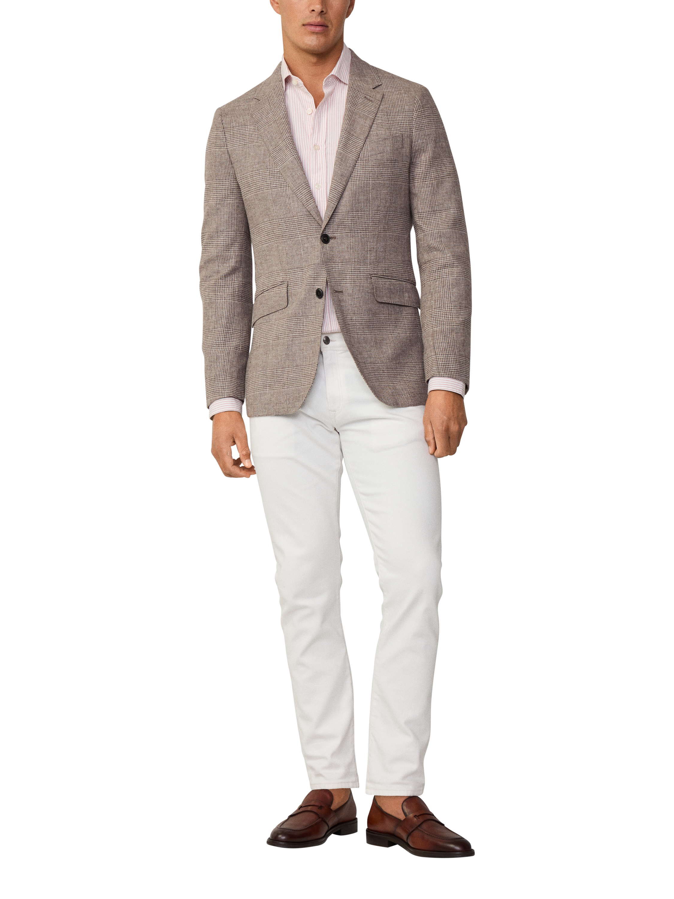 Product image 1 of 7, which shows Hackett London Cotton Linen Blend Glen Check Blazer, Tan Brown, 48