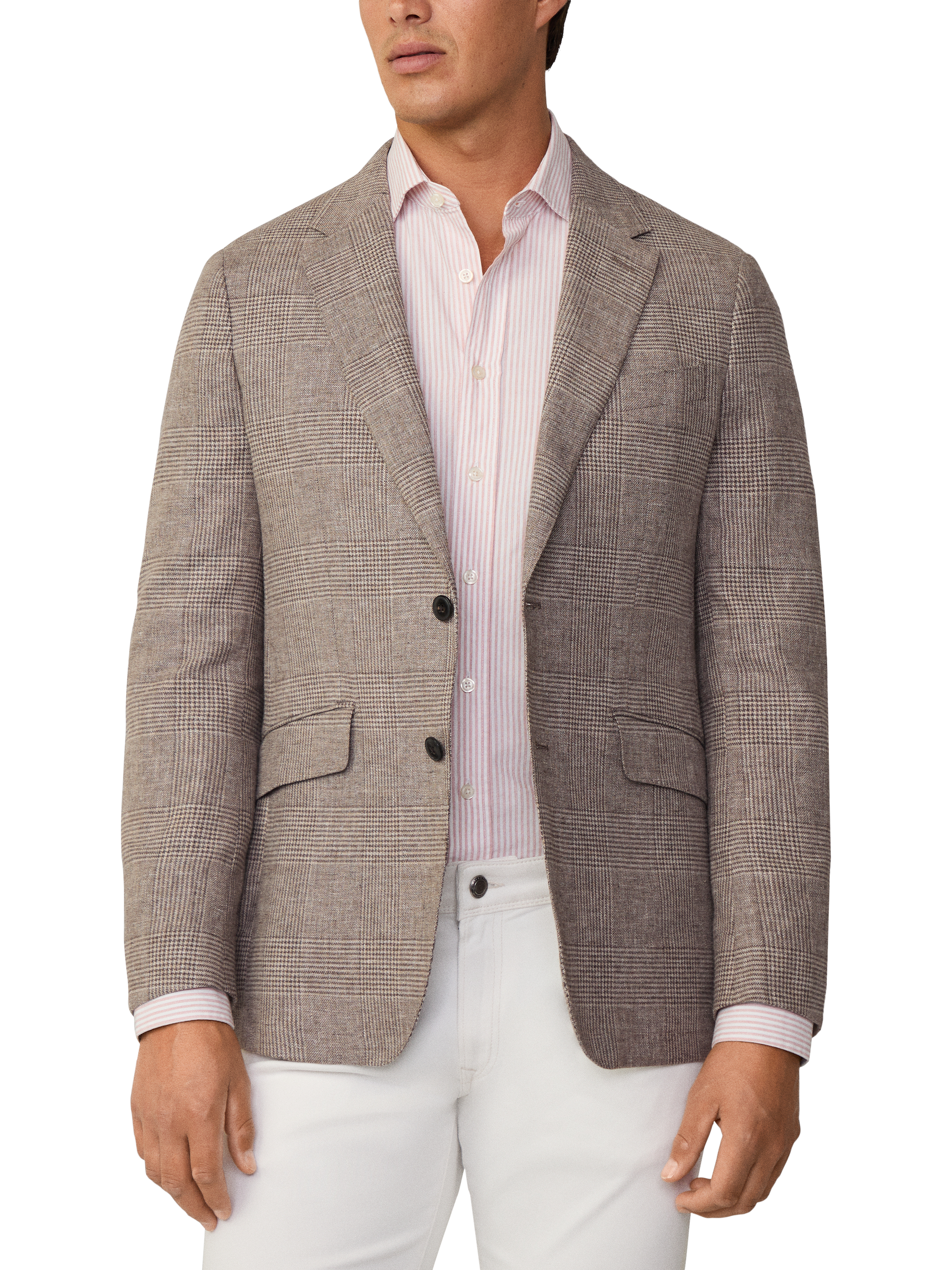 Product image 2 of 7, which shows Hackett London Cotton Linen Blend Glen Check Blazer, Tan Brown, 48