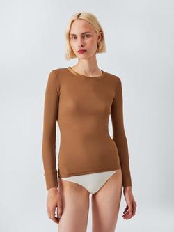 John Lewis Ribbed Silk Thermal Long Sleeve Top, Biscuit, Biscuit