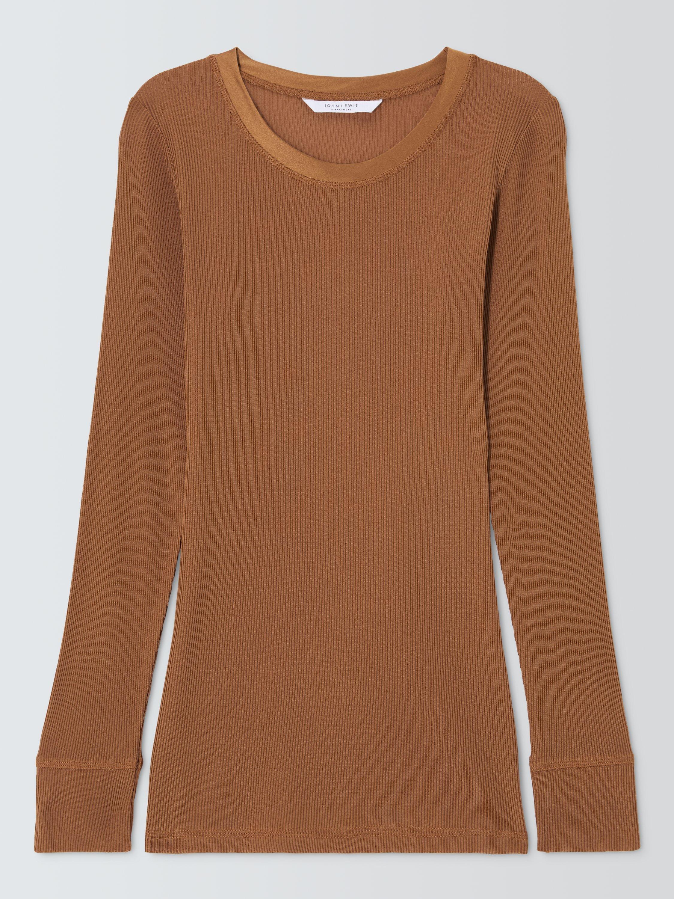 Product image 3 of 5, which shows John Lewis Ribbed Silk Thermal Long Sleeve Top, Biscuit, 8-10