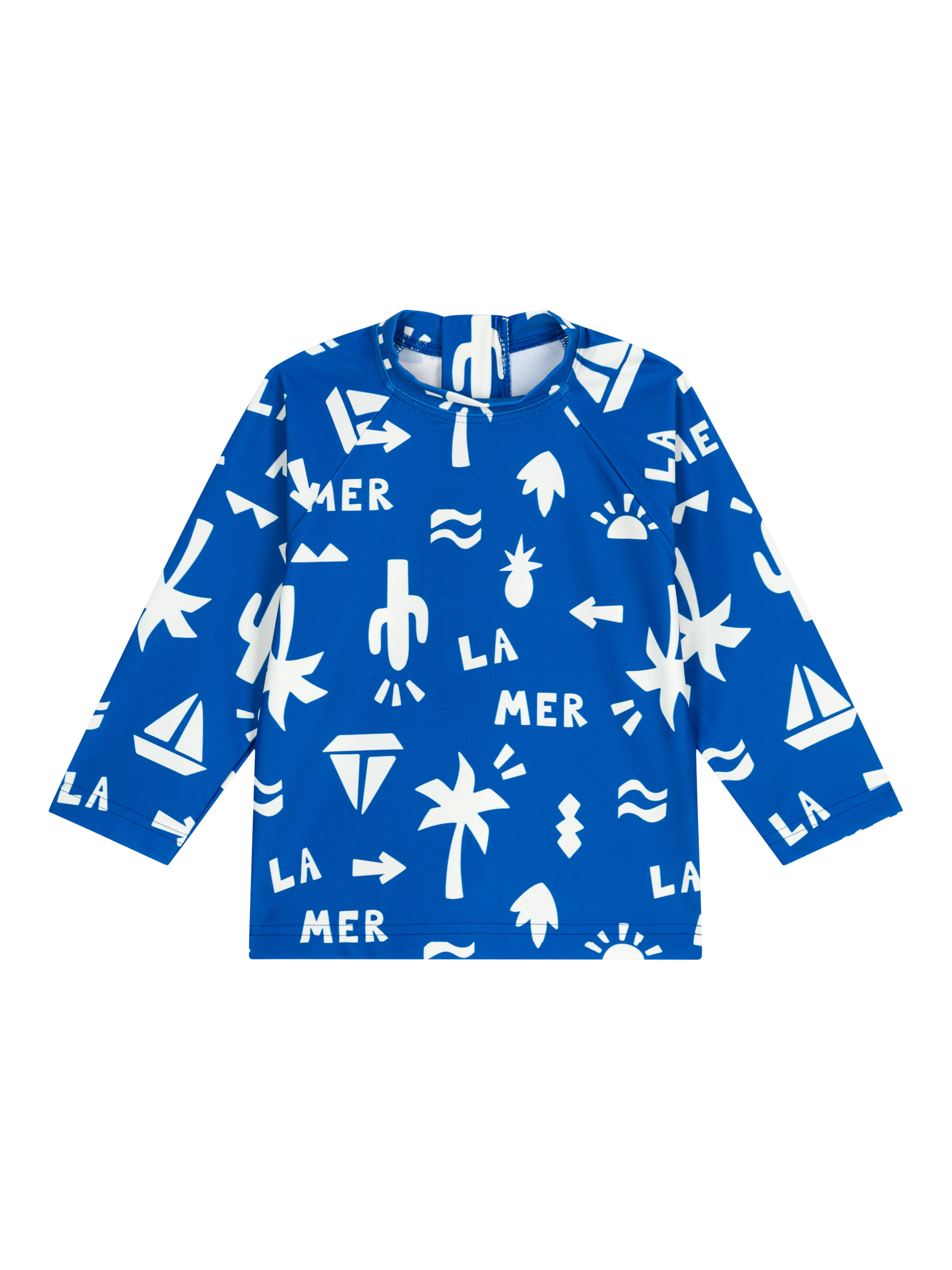 Product image 1 of 3, which shows Petit Bateau Baby UV Beach Print Long Sleeve Swim Top, Mid Blue/Mallow, 6 months
