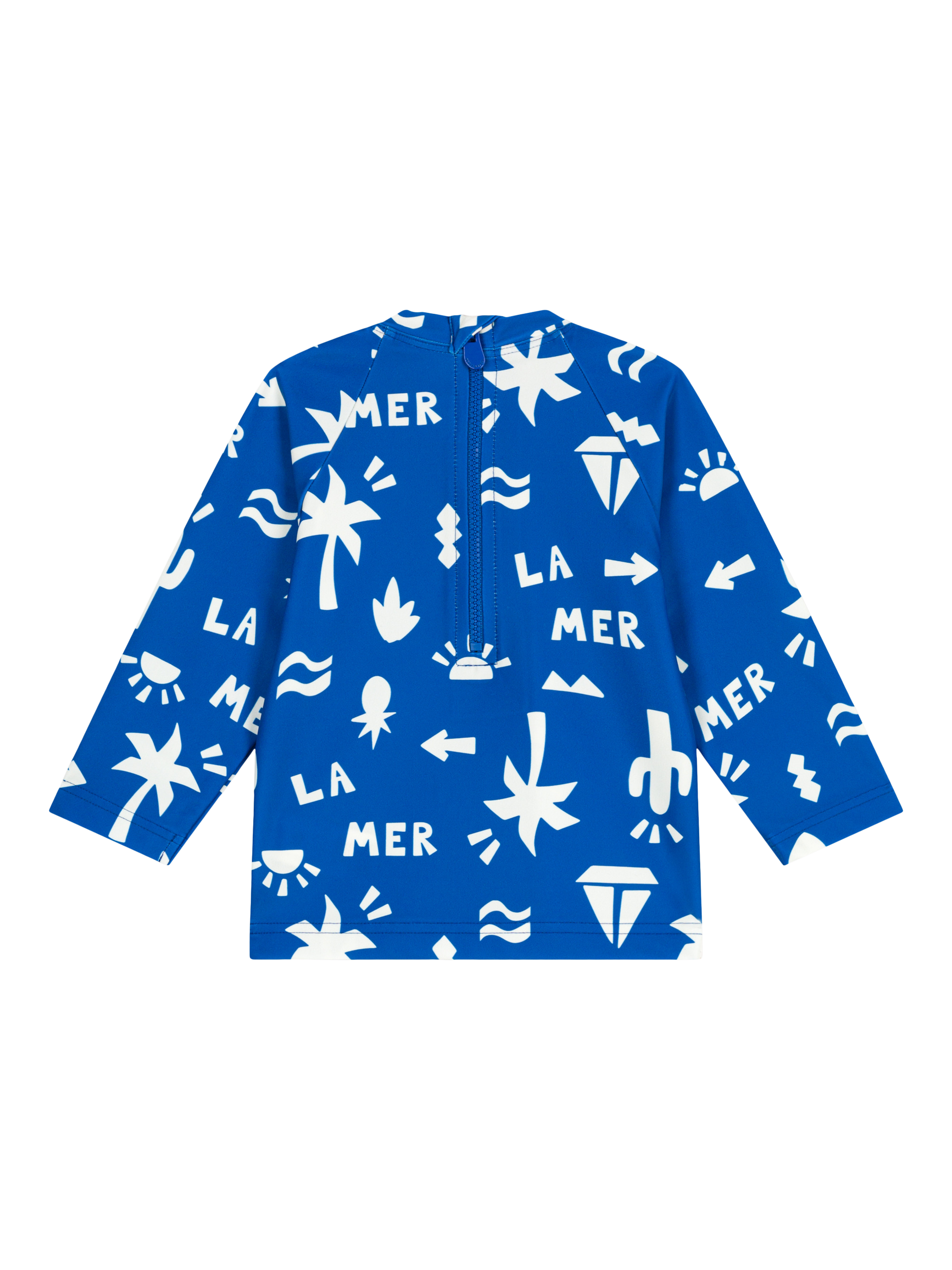 Product image 2 of 3, which shows Petit Bateau Baby UV Beach Print Long Sleeve Swim Top, Mid Blue/Mallow, 6 months