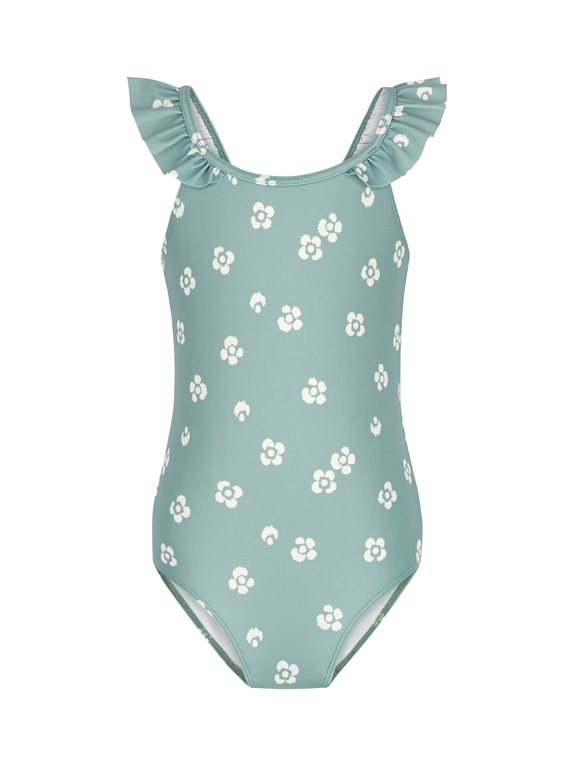Product image 1 of 3, which shows Petit Bateau Kids' Floral Ruffle Swimsuit, Blue, 3 years