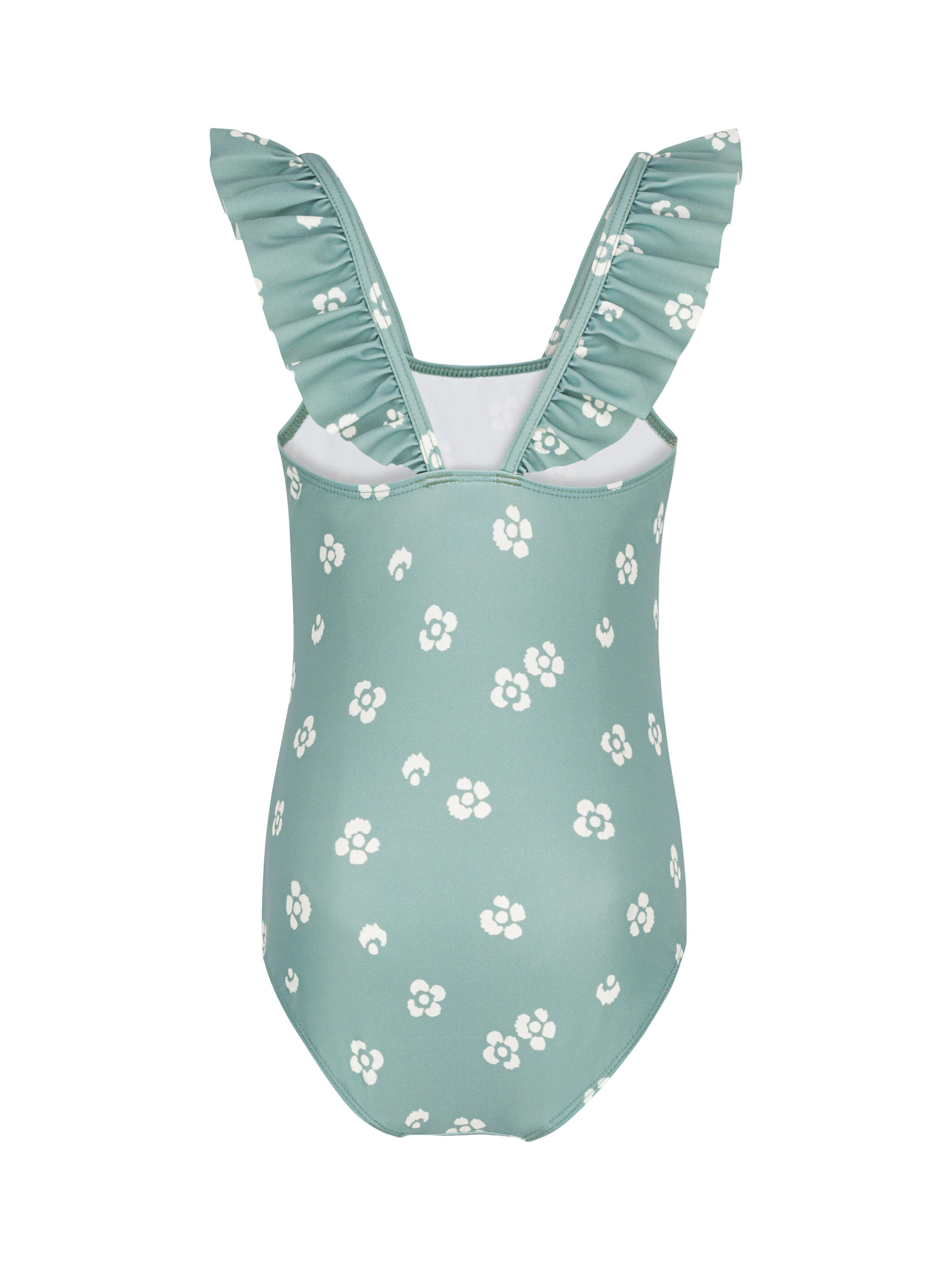 Product image 2 of 3, which shows Petit Bateau Kids' Floral Ruffle Swimsuit, Blue, 3 years