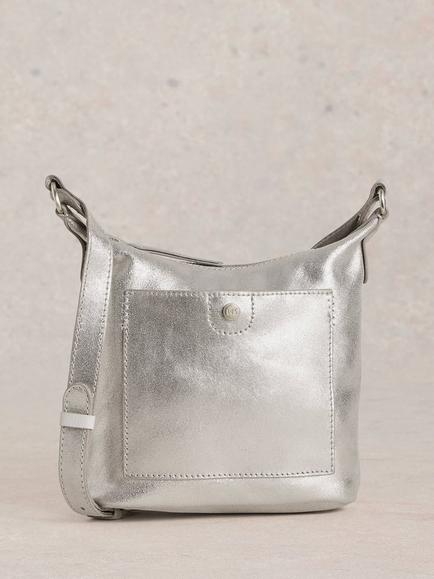 White Stuff Metallic Leather Crossbody Bag, Silver, Silver