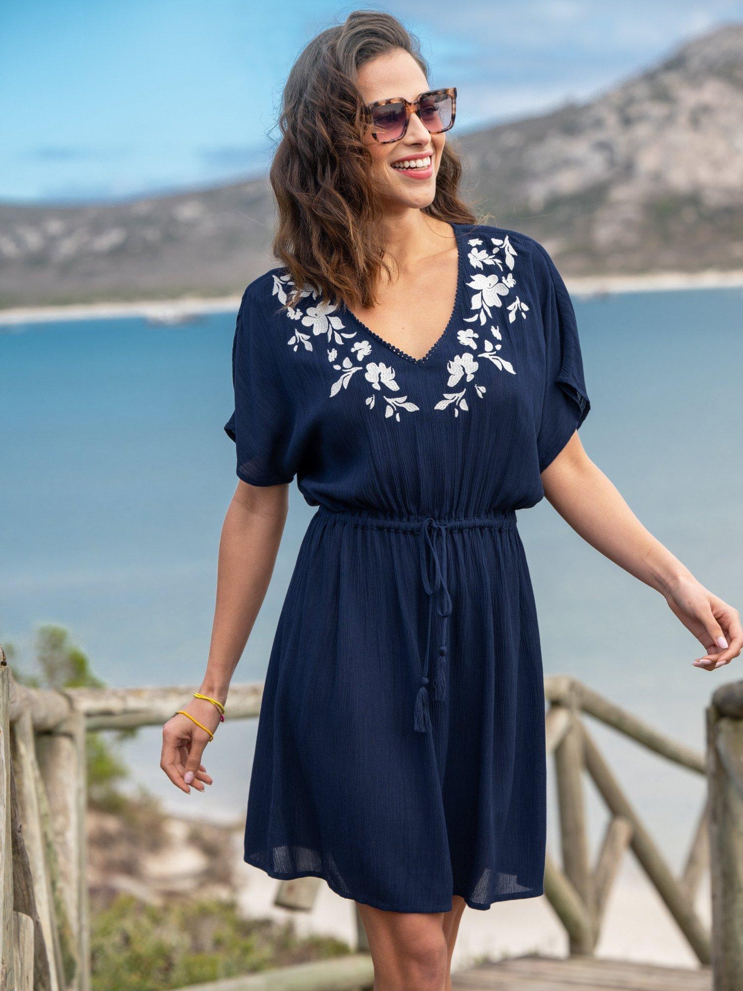 Product image 2 of 8, which shows Pour Moi Embroidered Kaftan, Navy/White, 8