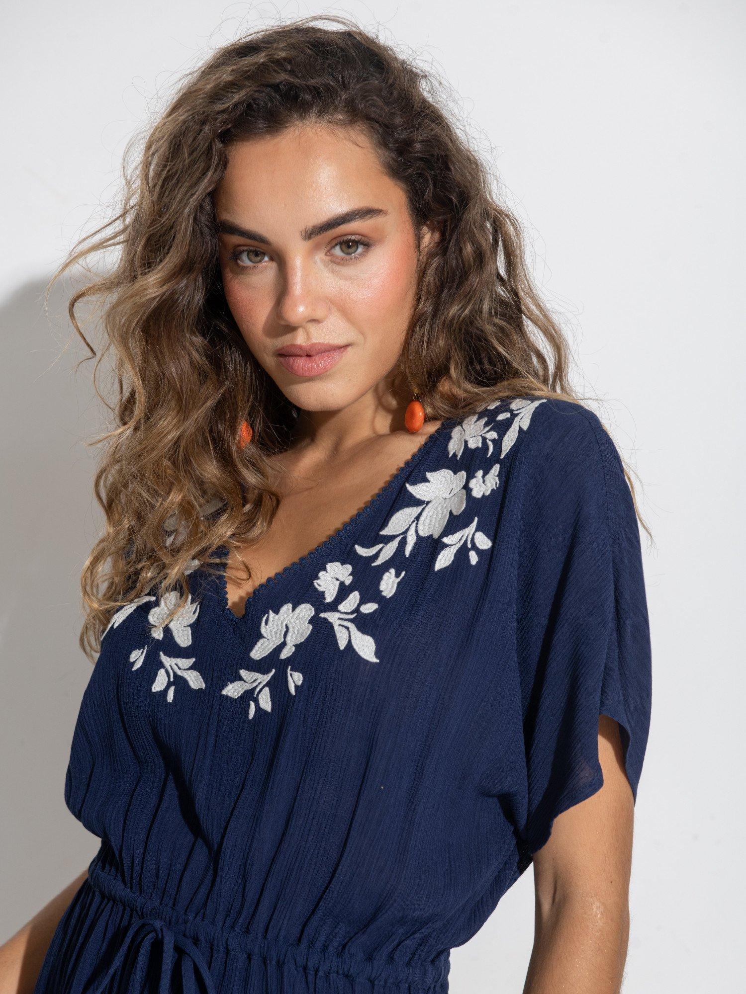 Product image 4 of 8, which shows Pour Moi Embroidered Kaftan, Navy/White, 8