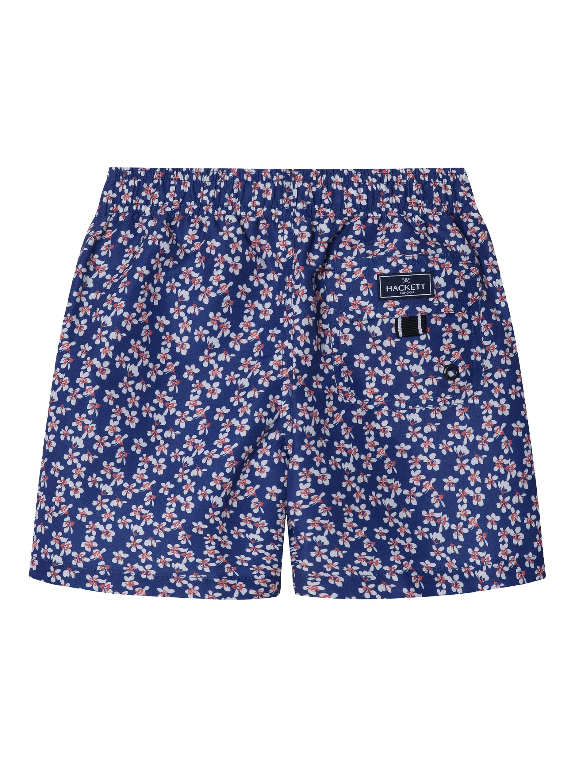 Product image 2 of 4, which shows Hackett London Kids' Floral Print Drawstring Swim Shorts, French Blue, 9 years