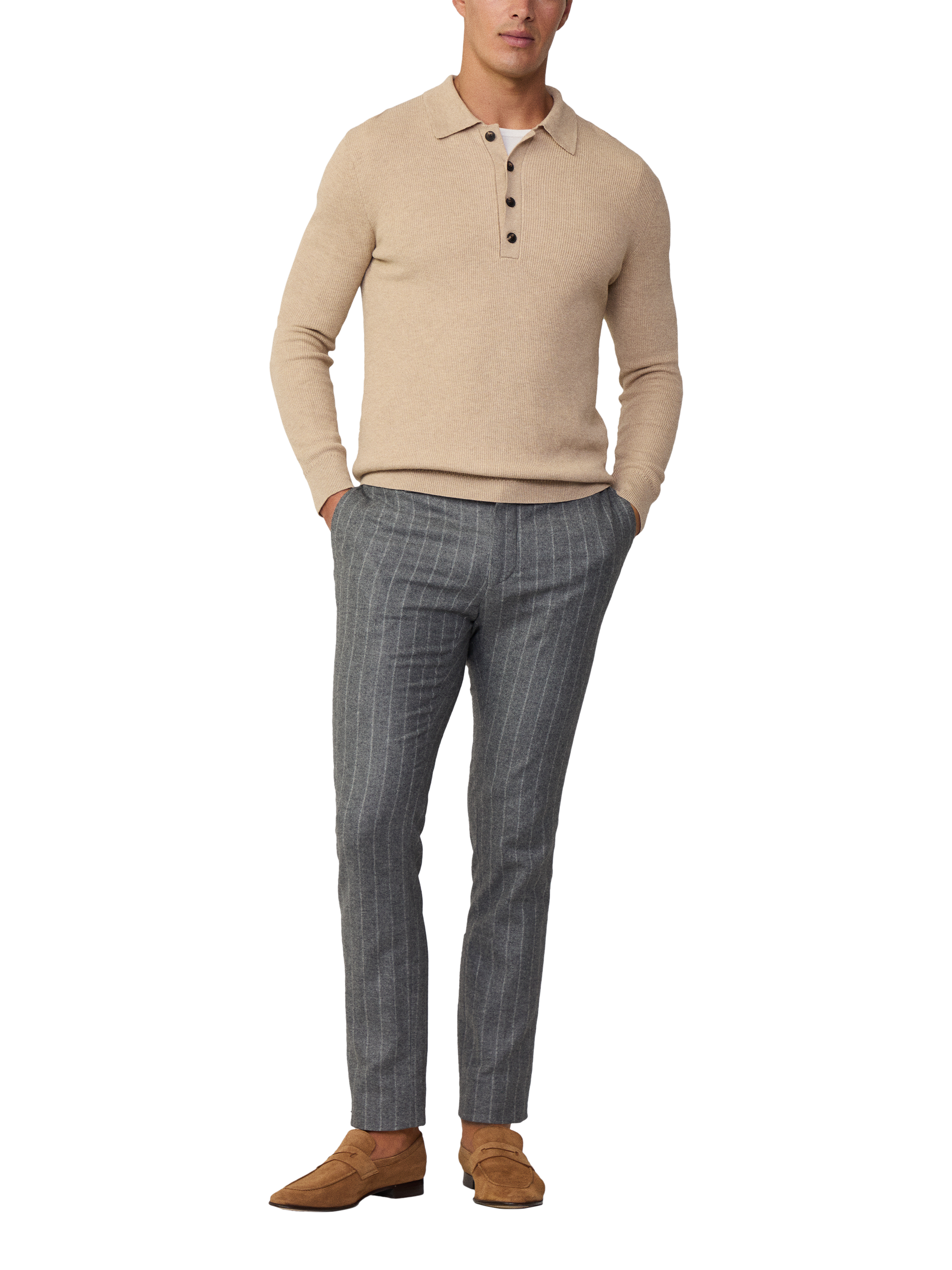 Product image 1 of 6, which shows Hackett London Wool Mix Long Sleeve Knitted Polo, Chino Beige, XXXL