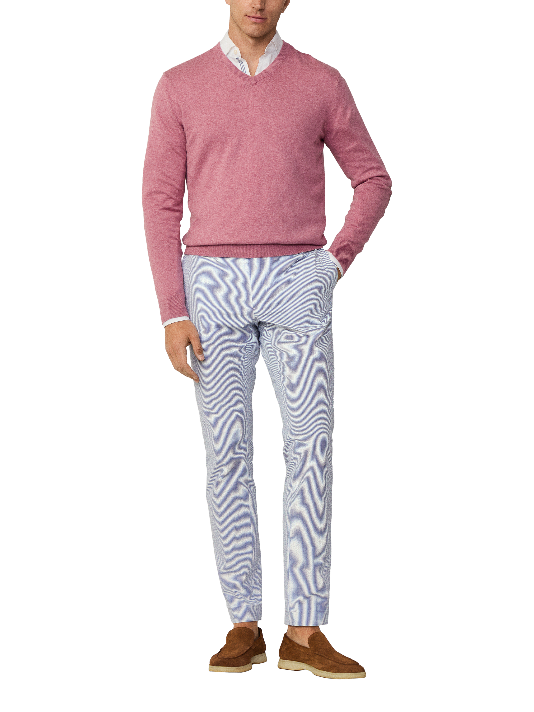 Product image 1 of 7, which shows Hackett London Cotton & Cashmere Blend V-Neck Jumper, Berry Red, XS