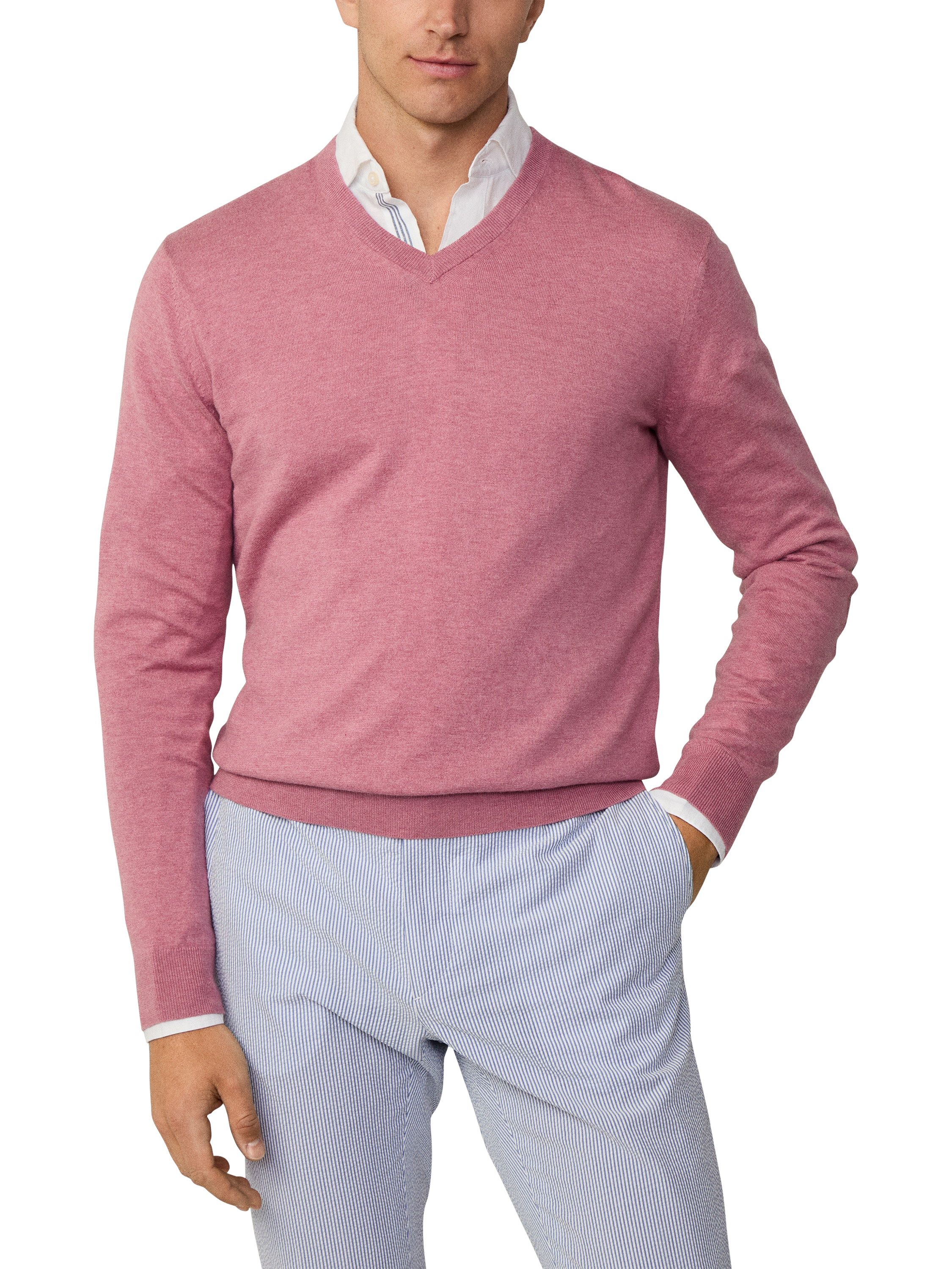 Product image 2 of 7, which shows Hackett London Cotton & Cashmere Blend V-Neck Jumper, Berry Red, XS