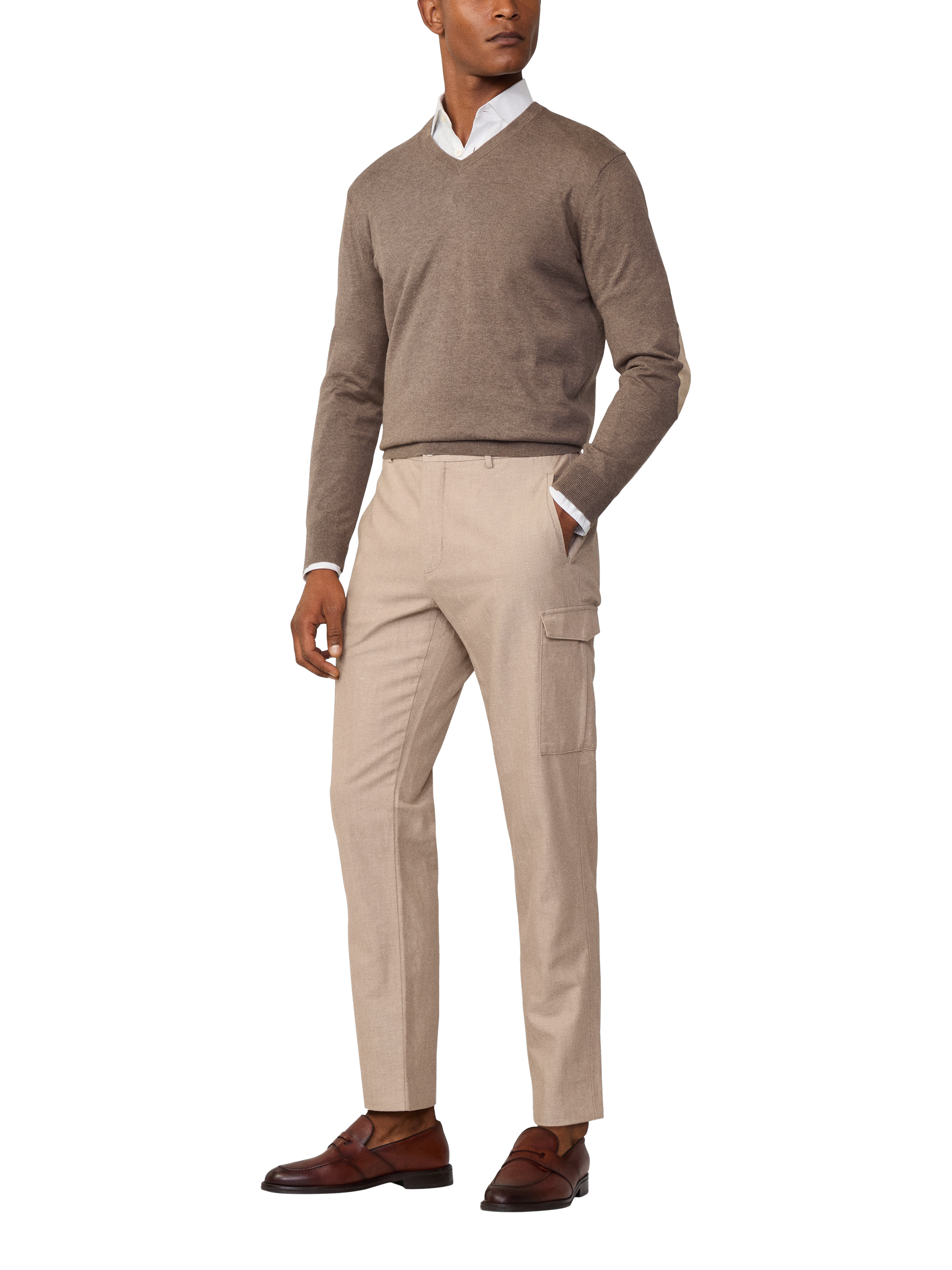 Product image 1 of 6, which shows Hackett London Cotton Cashmere Blend V-Neck Jumper, Fawn Beige, XXXL