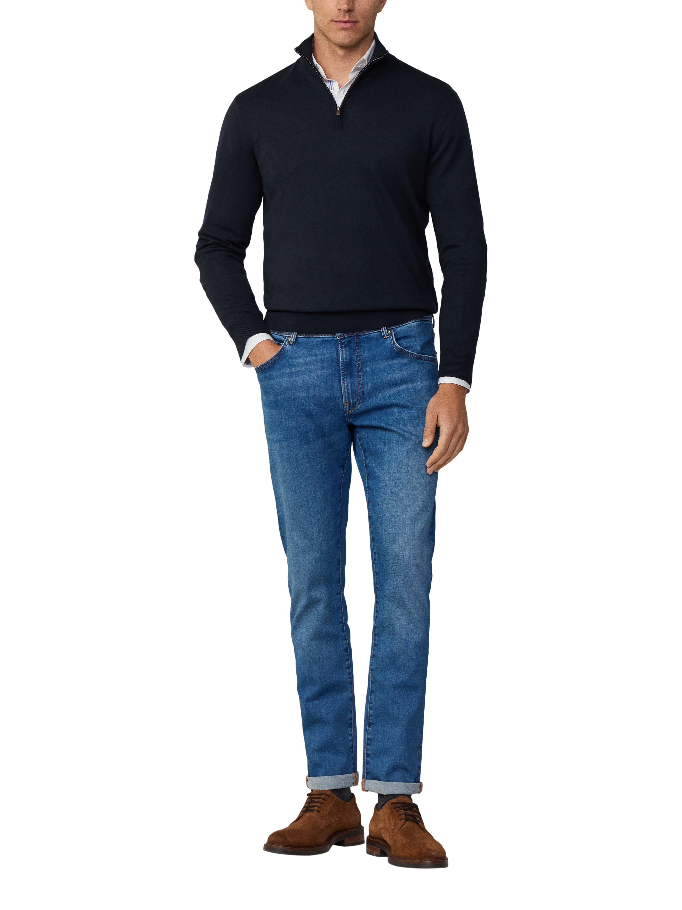 Product image 1 of 7, which shows Hackett London Cotton & Cashmere Quarter-Zip Jumper, Midnight Blue, XS