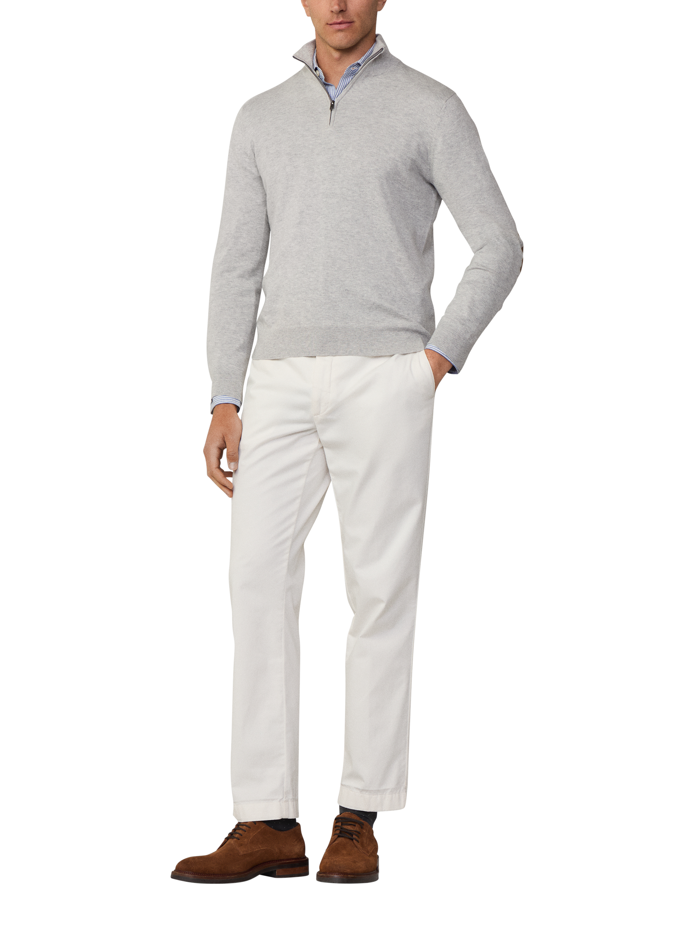 Product image 1 of 7, which shows Hackett London Cotton & Cashmere Quarter-Zip Jumper, Ice Grey, XS