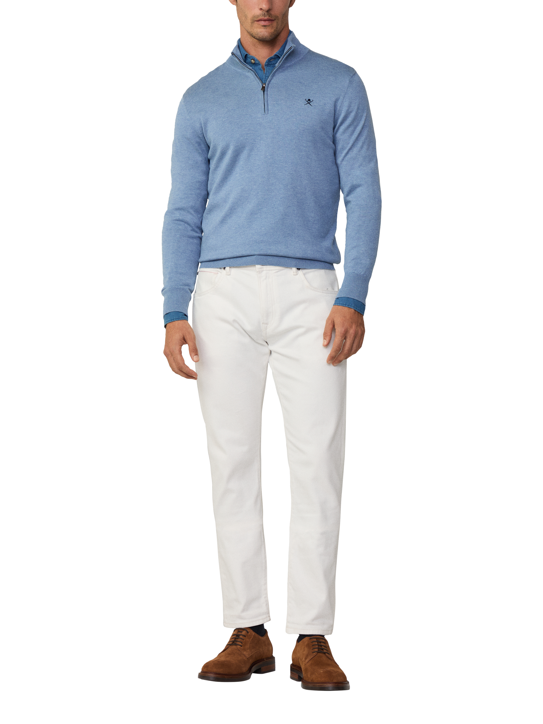 Product image 1 of 6, which shows Hackett London Cotton & Silk Quarter-Zip Jumper, Sea Blue, XXL