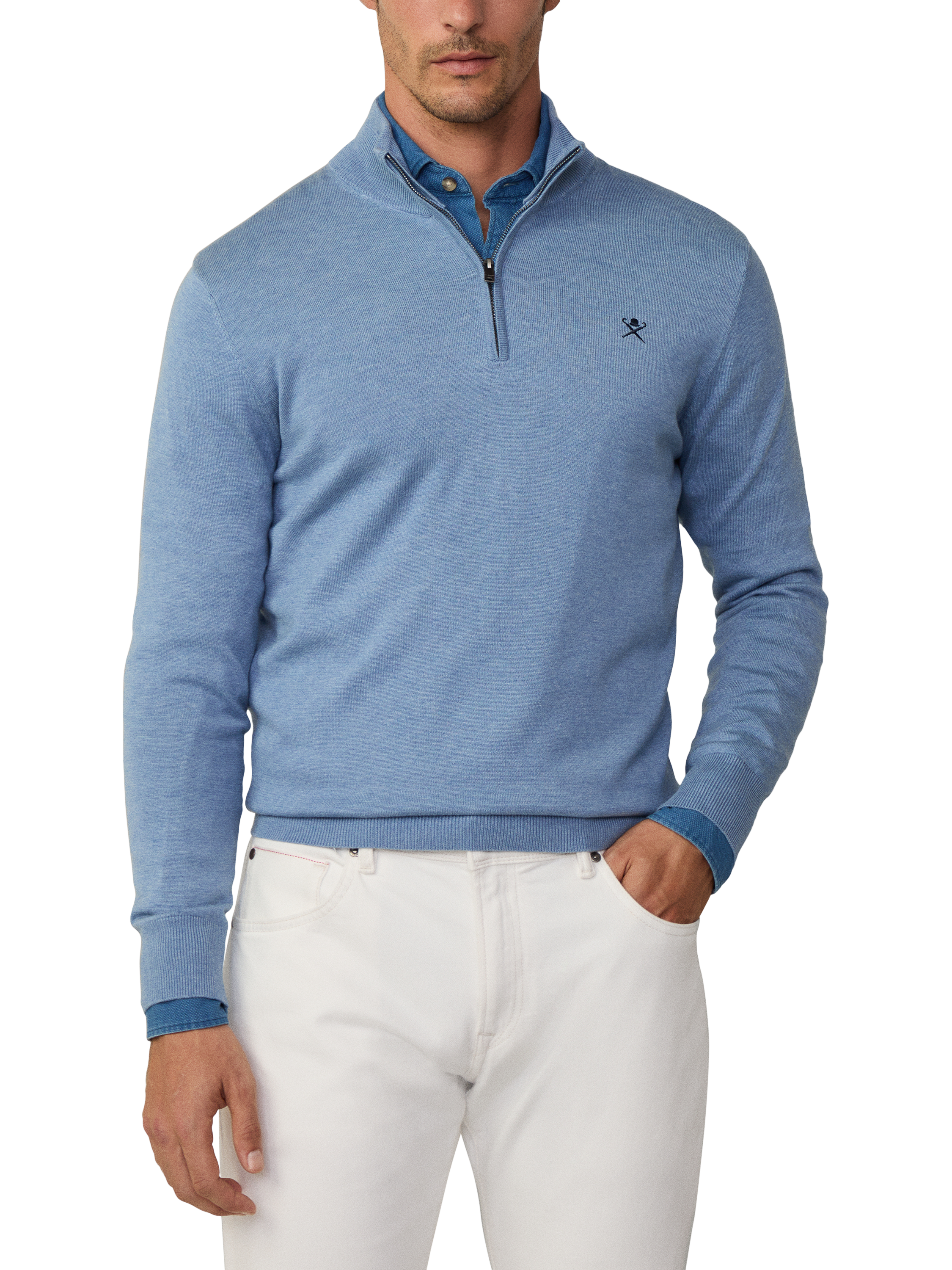 Product image 2 of 6, which shows Hackett London Cotton & Silk Quarter-Zip Jumper, Sea Blue, XXL