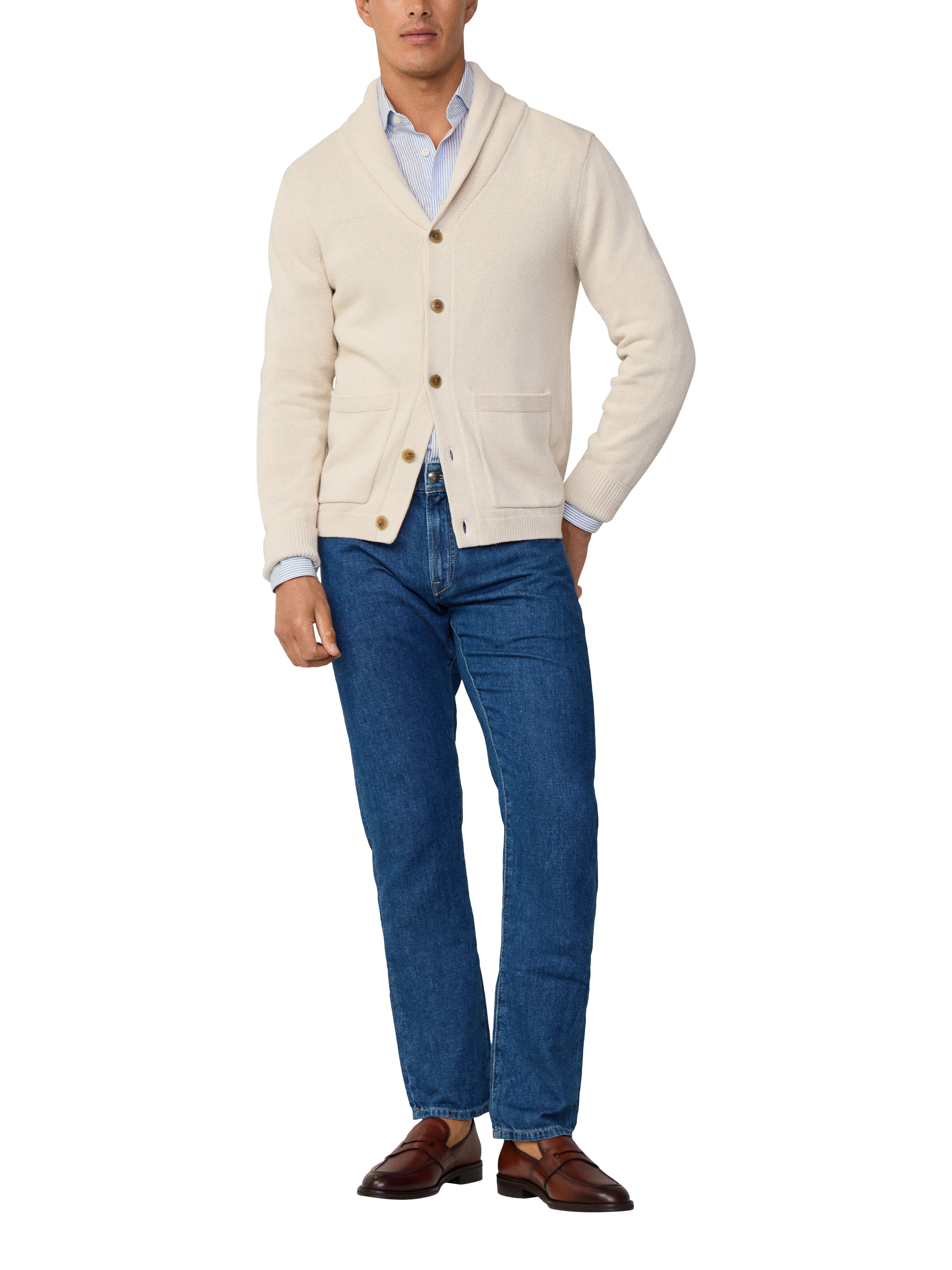 Product image 1 of 7, which shows Hackett London Cotton & Linen Blend Shawl Cardigan, Linen Beige, XS