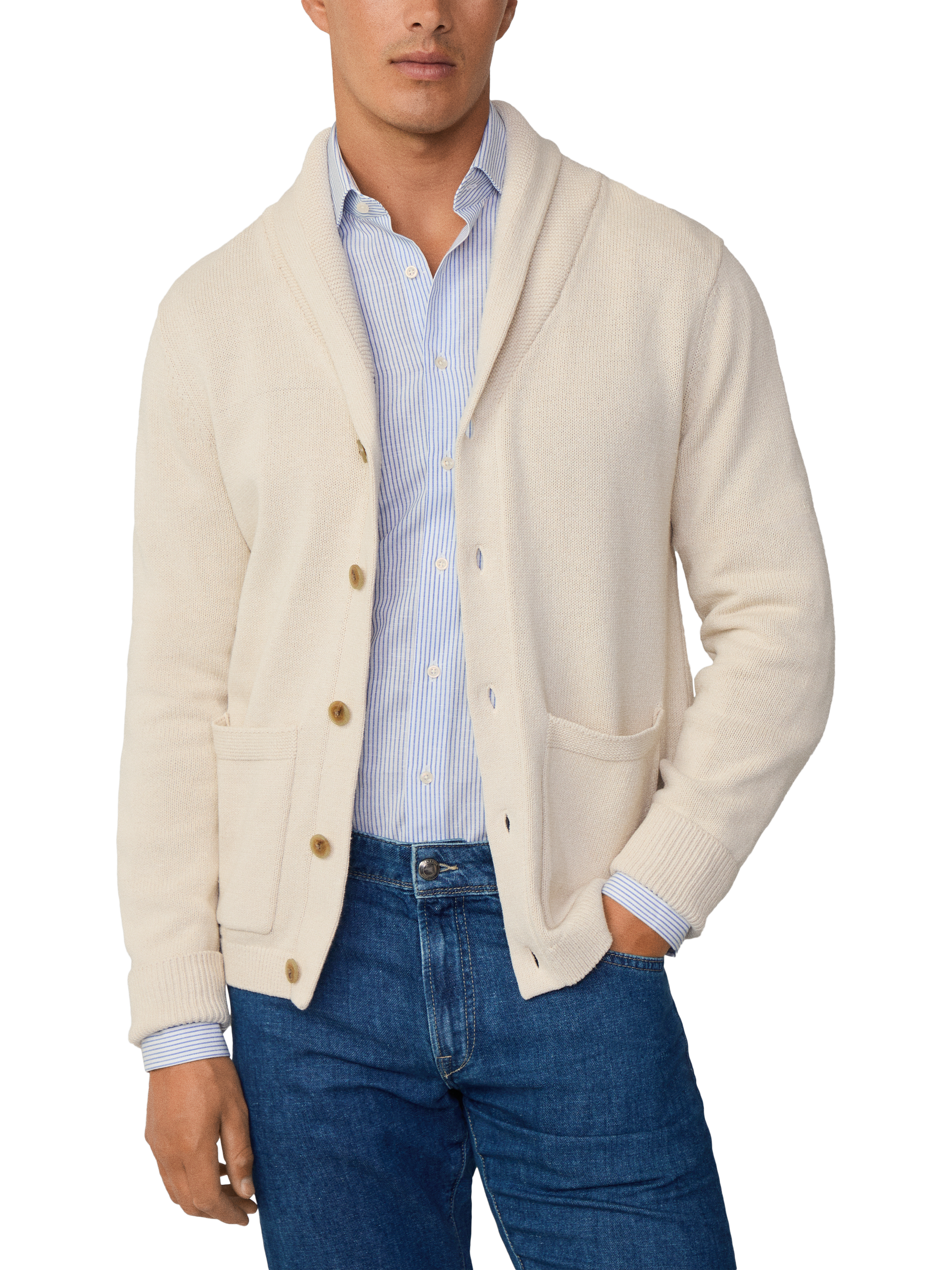 Product image 2 of 7, which shows Hackett London Cotton & Linen Blend Shawl Cardigan, Linen Beige, XS