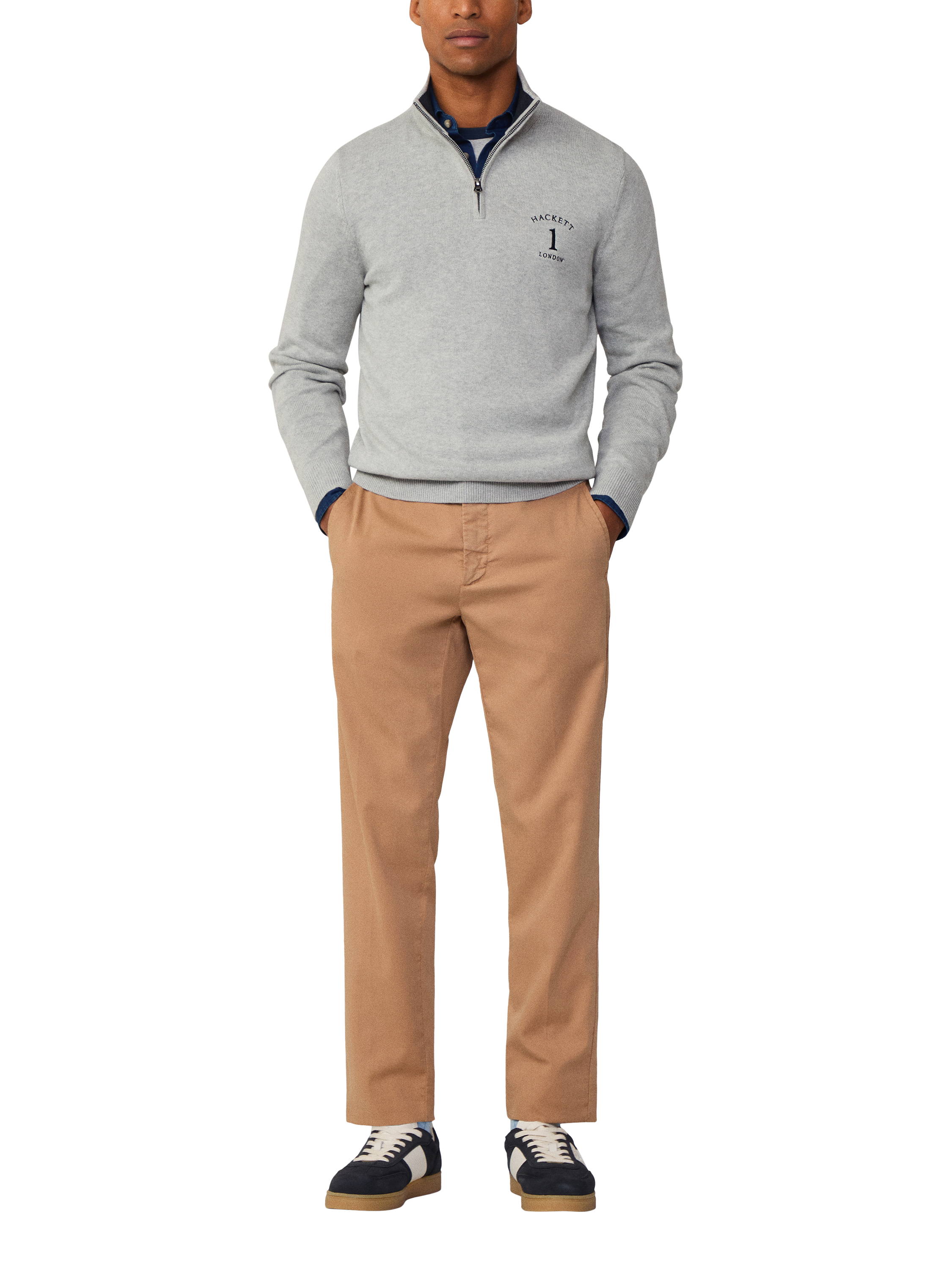 Product image 1 of 6, which shows Hackett London Cotton Quarter-Zip Jumper, Light Grey Marl, XXL