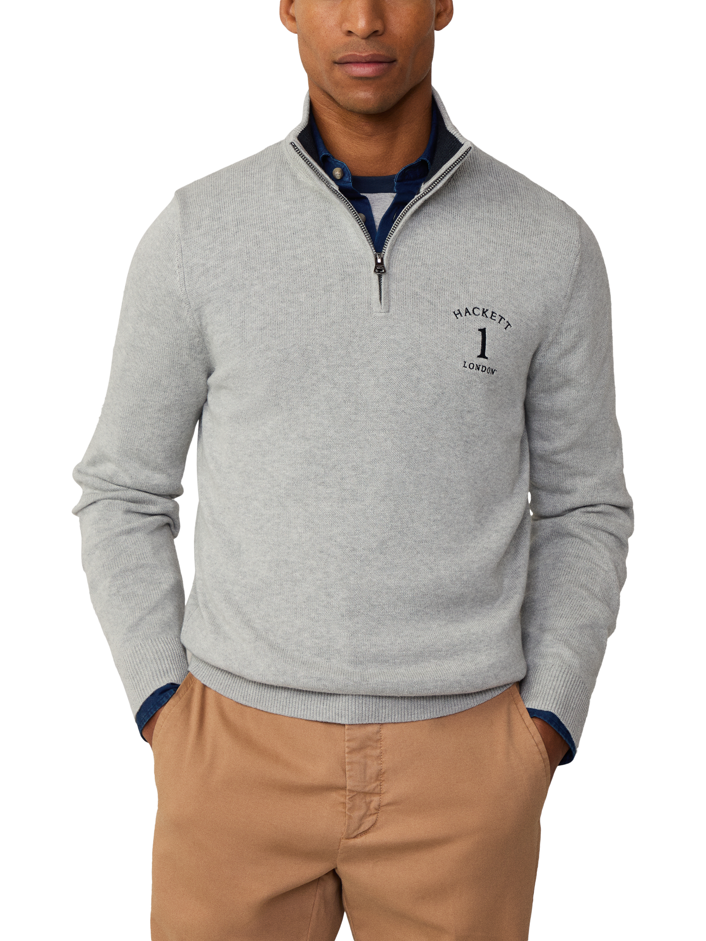 Product image 2 of 6, which shows Hackett London Cotton Quarter-Zip Jumper, Light Grey Marl, XXL