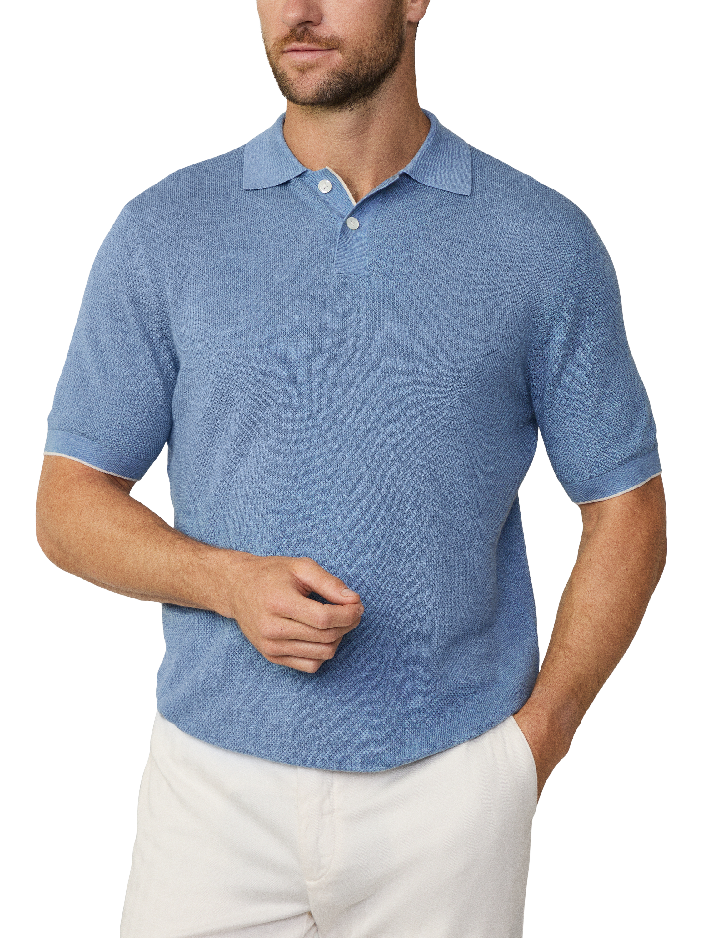 Product image 4 of 6, which shows Hackett London Knitted Polo Shirt, Ice Blue, XS