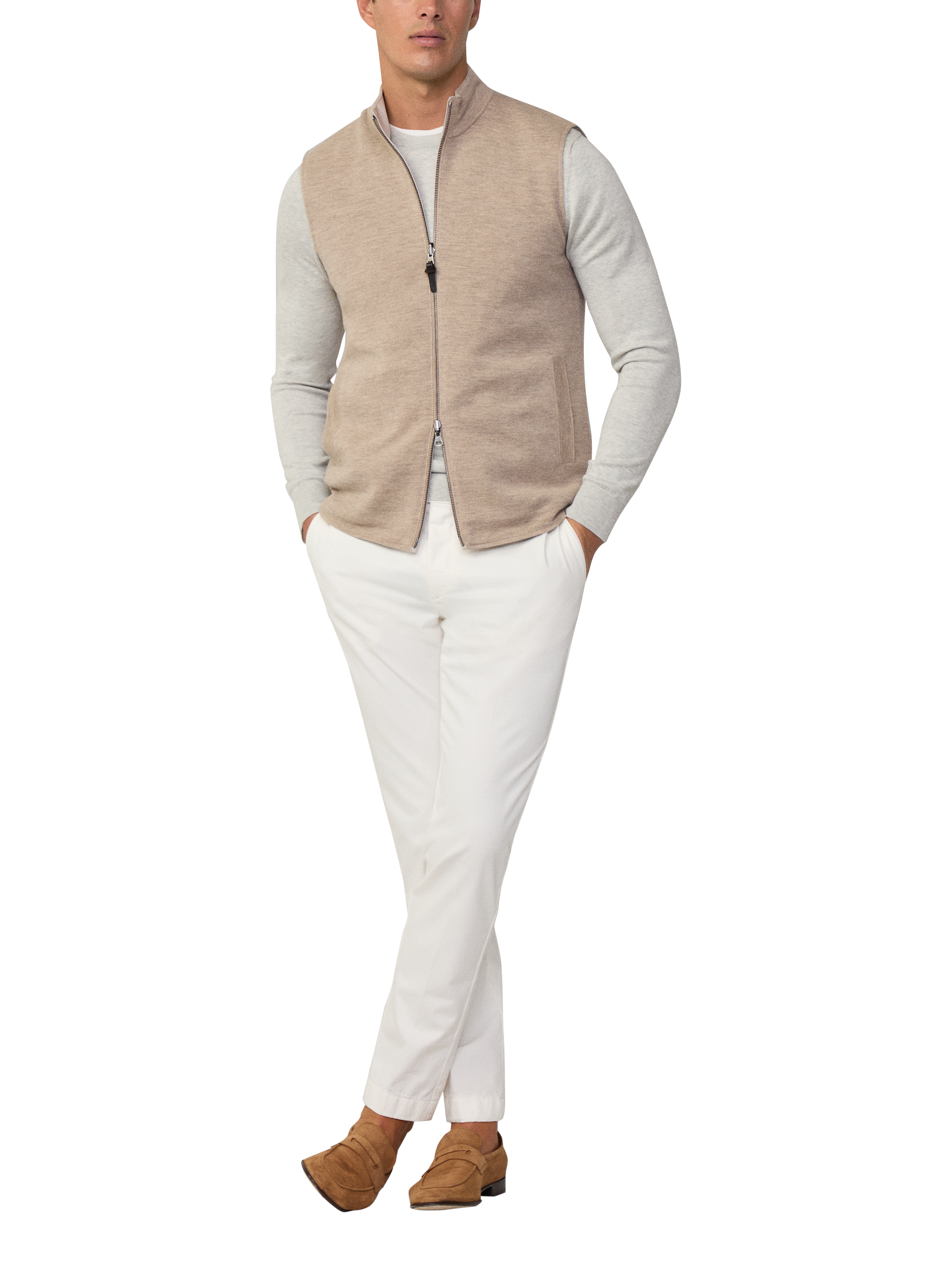 Product image 1 of 7, which shows Hackett London Merino Wool Knitted Hybrid Gilet, Pebble Beige, XXXL