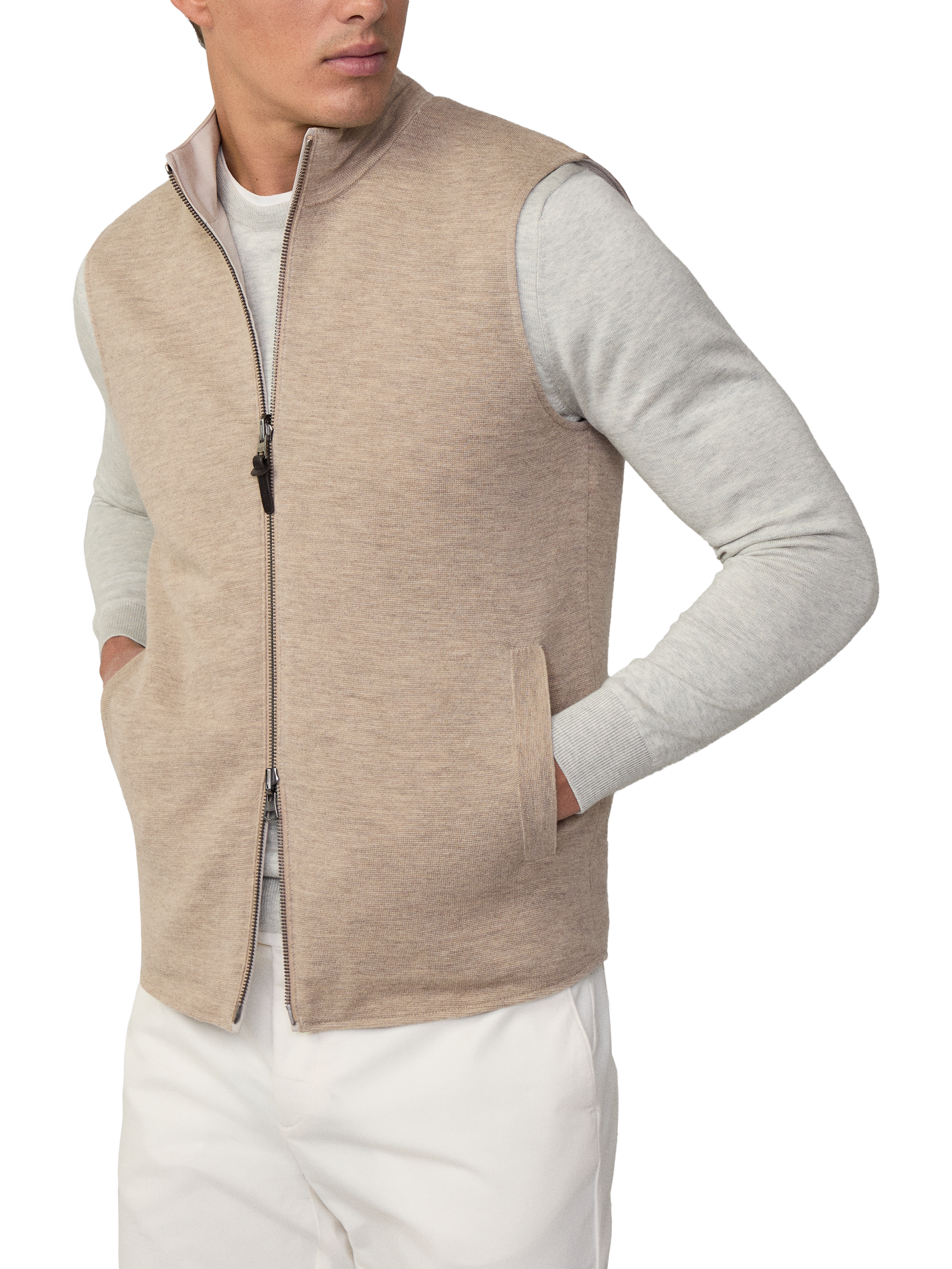 Product image 2 of 7, which shows Hackett London Merino Wool Knitted Hybrid Gilet, Pebble Beige, XXXL