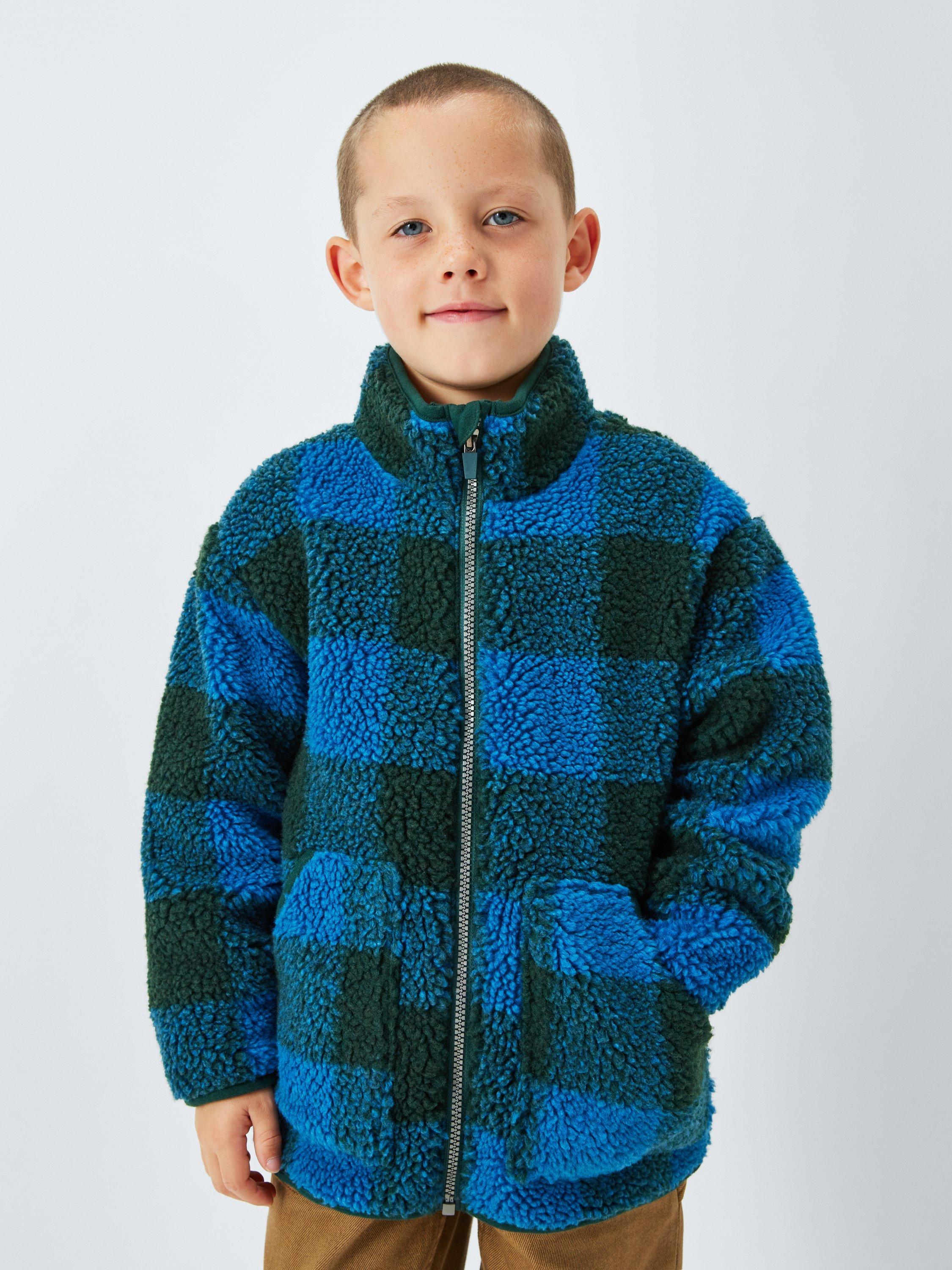 Product image 1 of 7, which shows John Lewis Kids' Geometric Fleece, Blue/Navy Check, 3 years