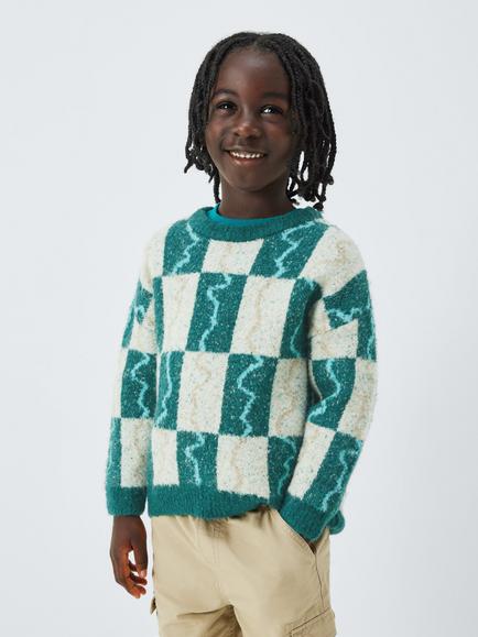 John Lewis Kids' Checkerboard Knit Jumper, Teal/Cream, Teal/Cream