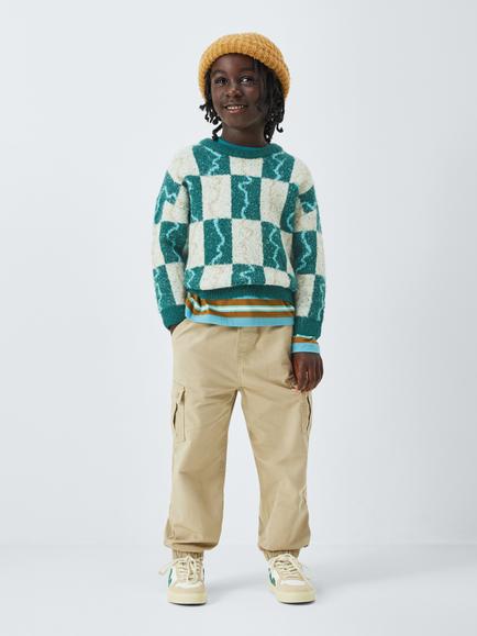 John Lewis Kids' Checkerboard Knit Jumper, Teal/Cream - view 2, Teal/Cream
