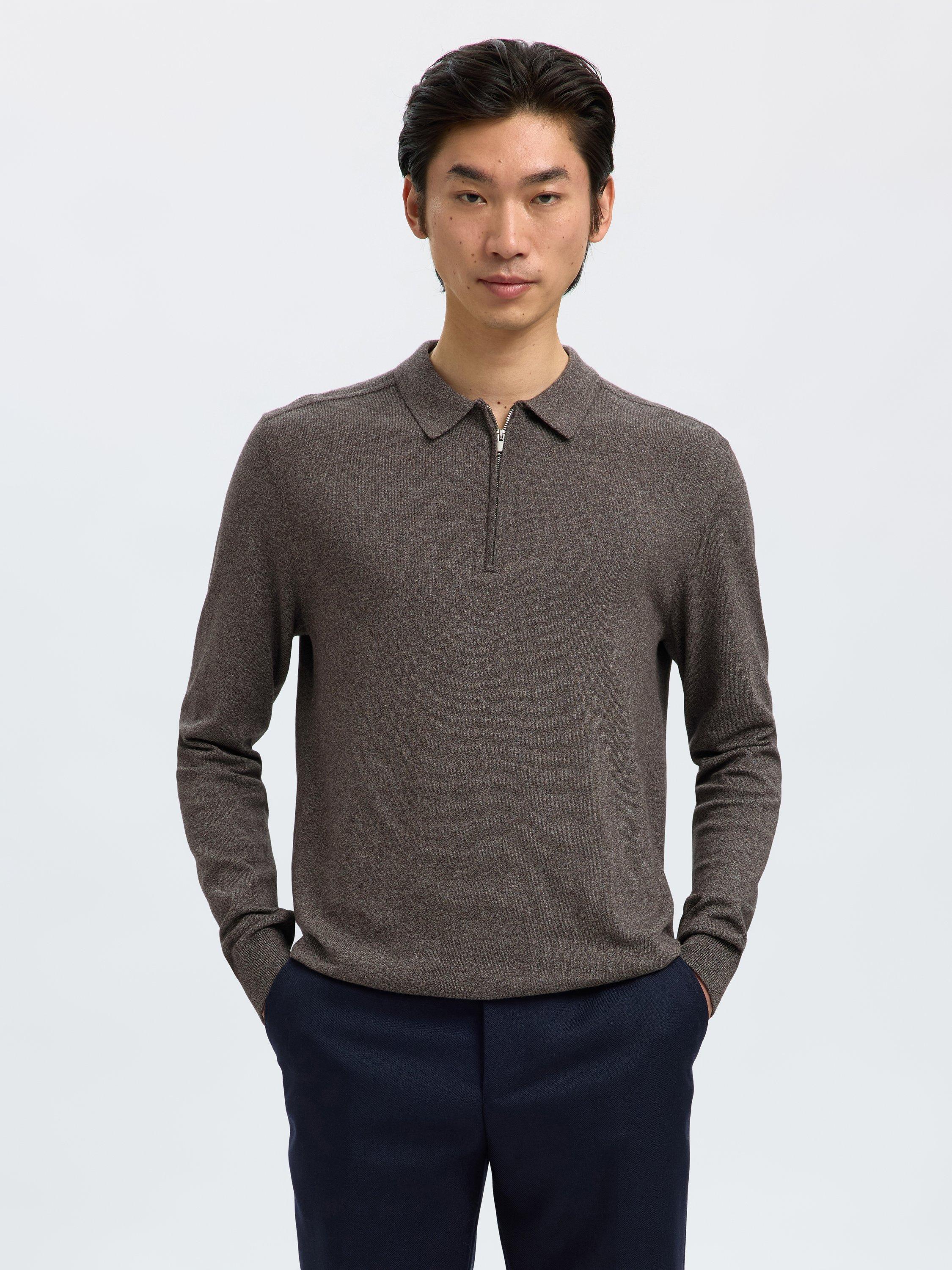 Selected Berg Cotton Half-Zip Knit Polo Shirt, Morel