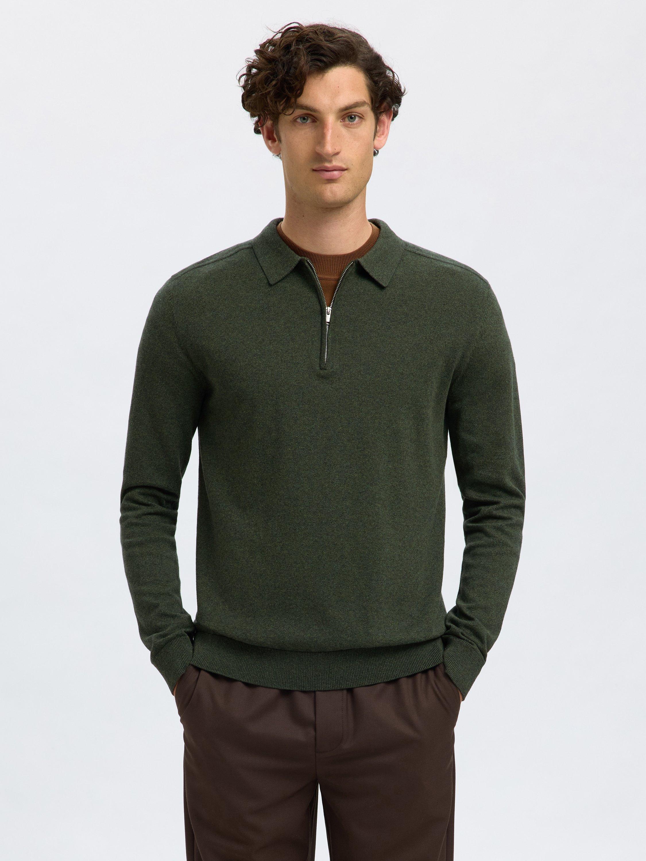 Product image 1 of 6, which shows Selected Berg Cotton Half-Zip Knit Polo Shirt, Forest Night, S