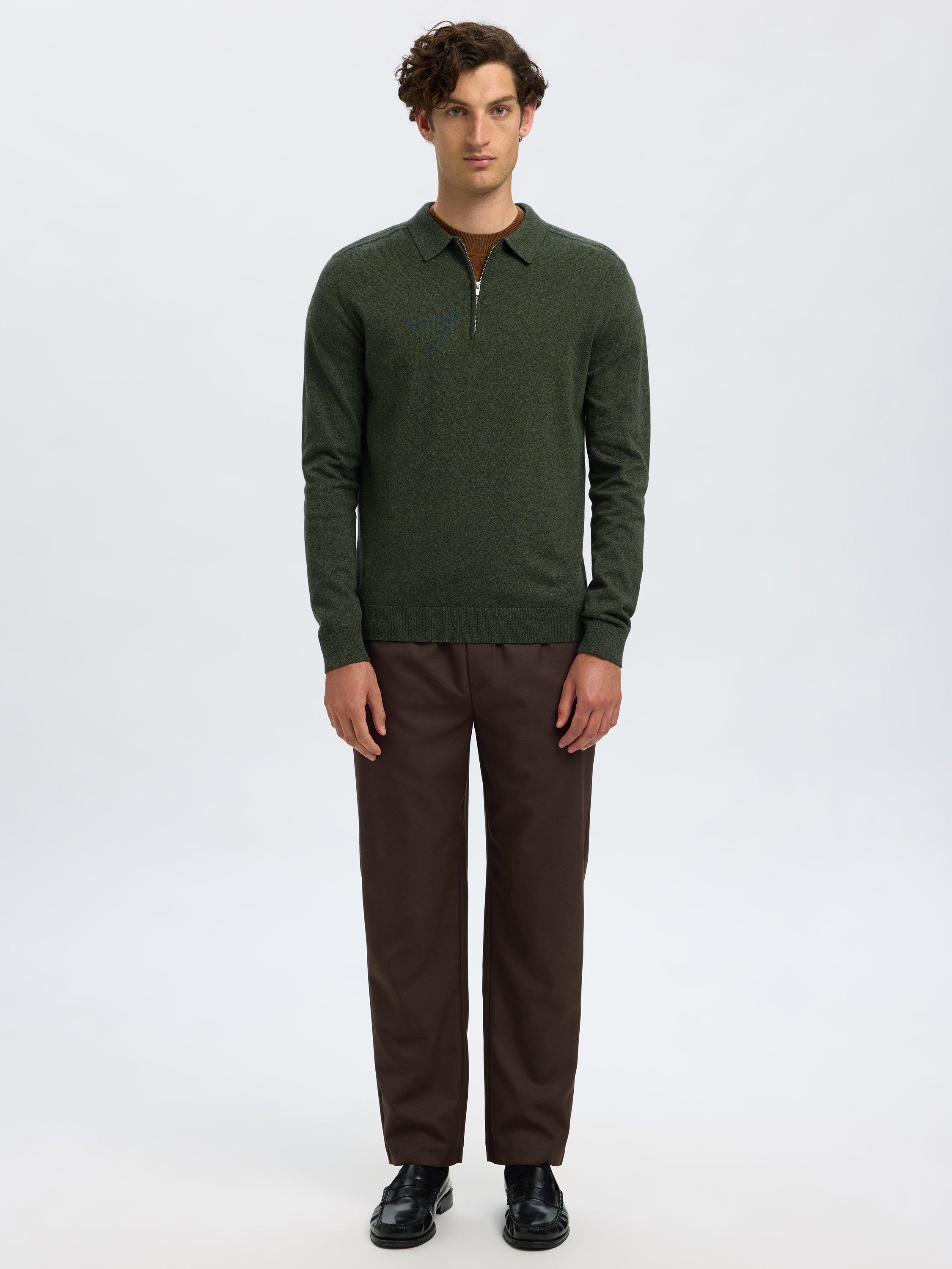 Product image 2 of 6, which shows Selected Berg Cotton Half-Zip Knit Polo Shirt, Forest Night, S