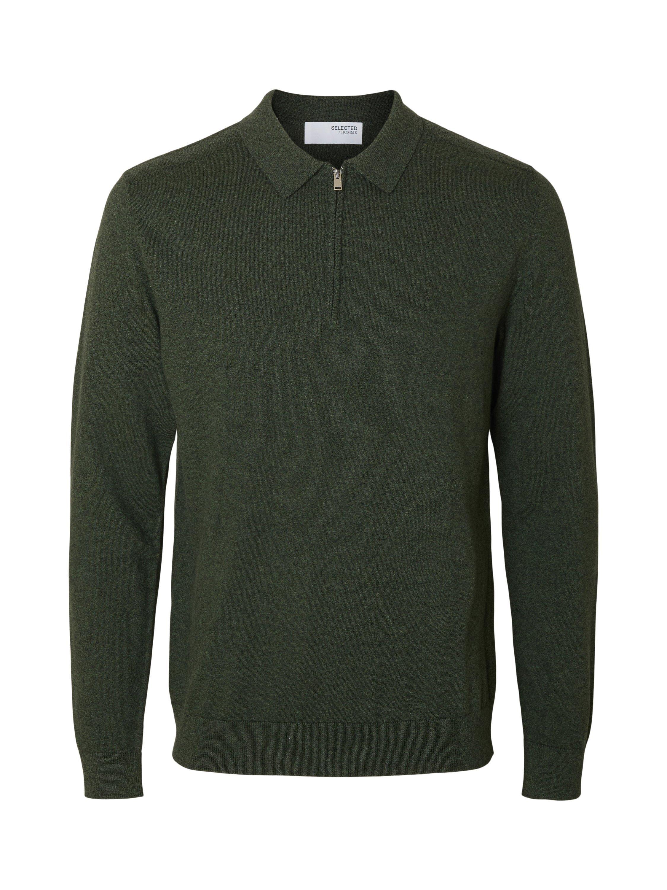 Product image 6 of 6, which shows Selected Berg Cotton Half-Zip Knit Polo Shirt, Forest Night, S