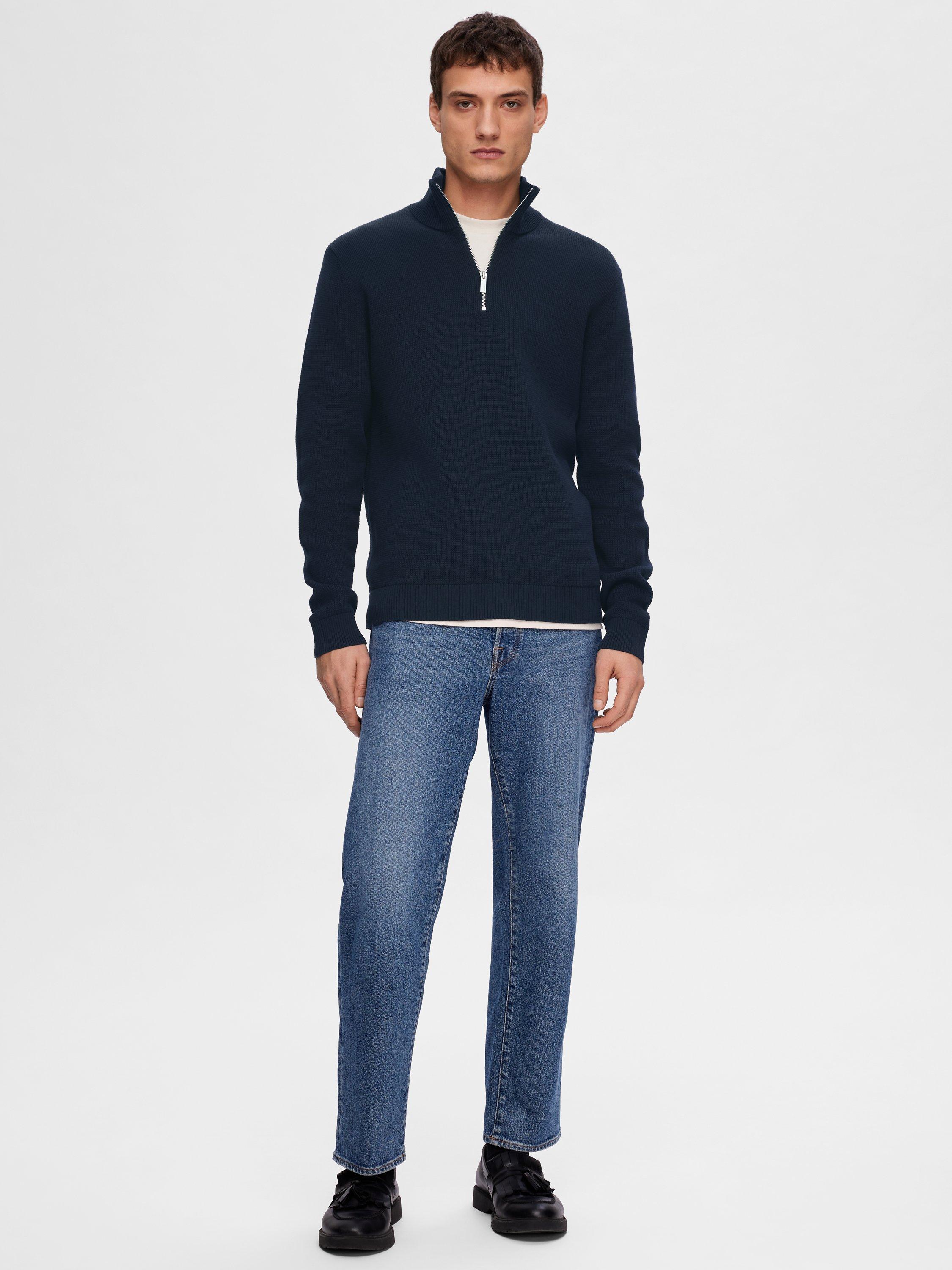 Product image 3 of 6, which shows Selected Half Zip Cotton Jumper, Sky Captain, S