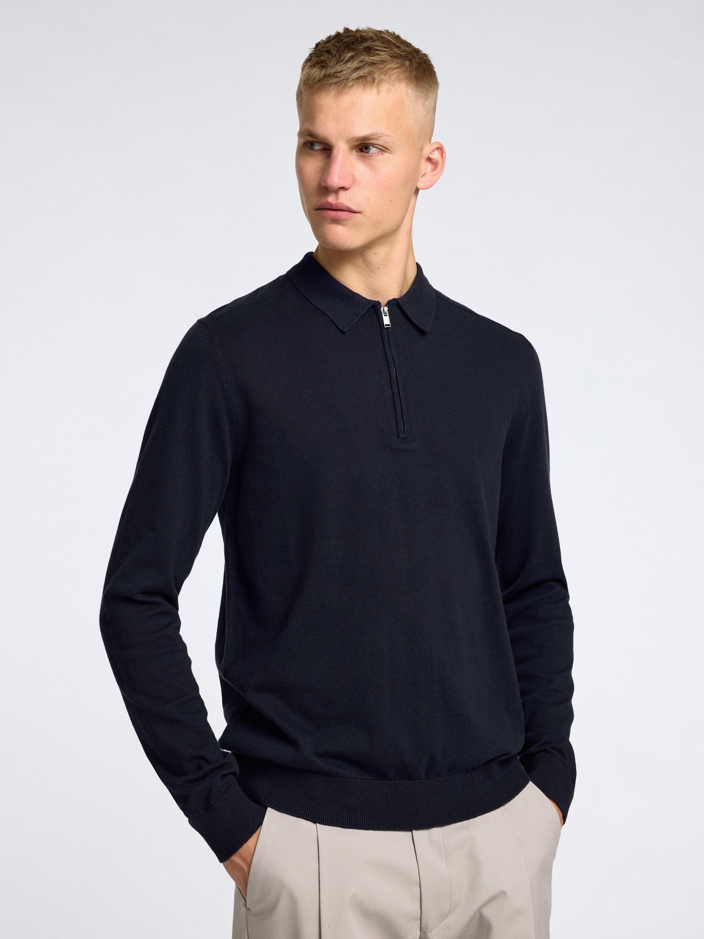Product image 3 of 6, which shows Selected Berg Cotton Half Zip Long Sleeve Knitted Jumper, Navy Blazer, S