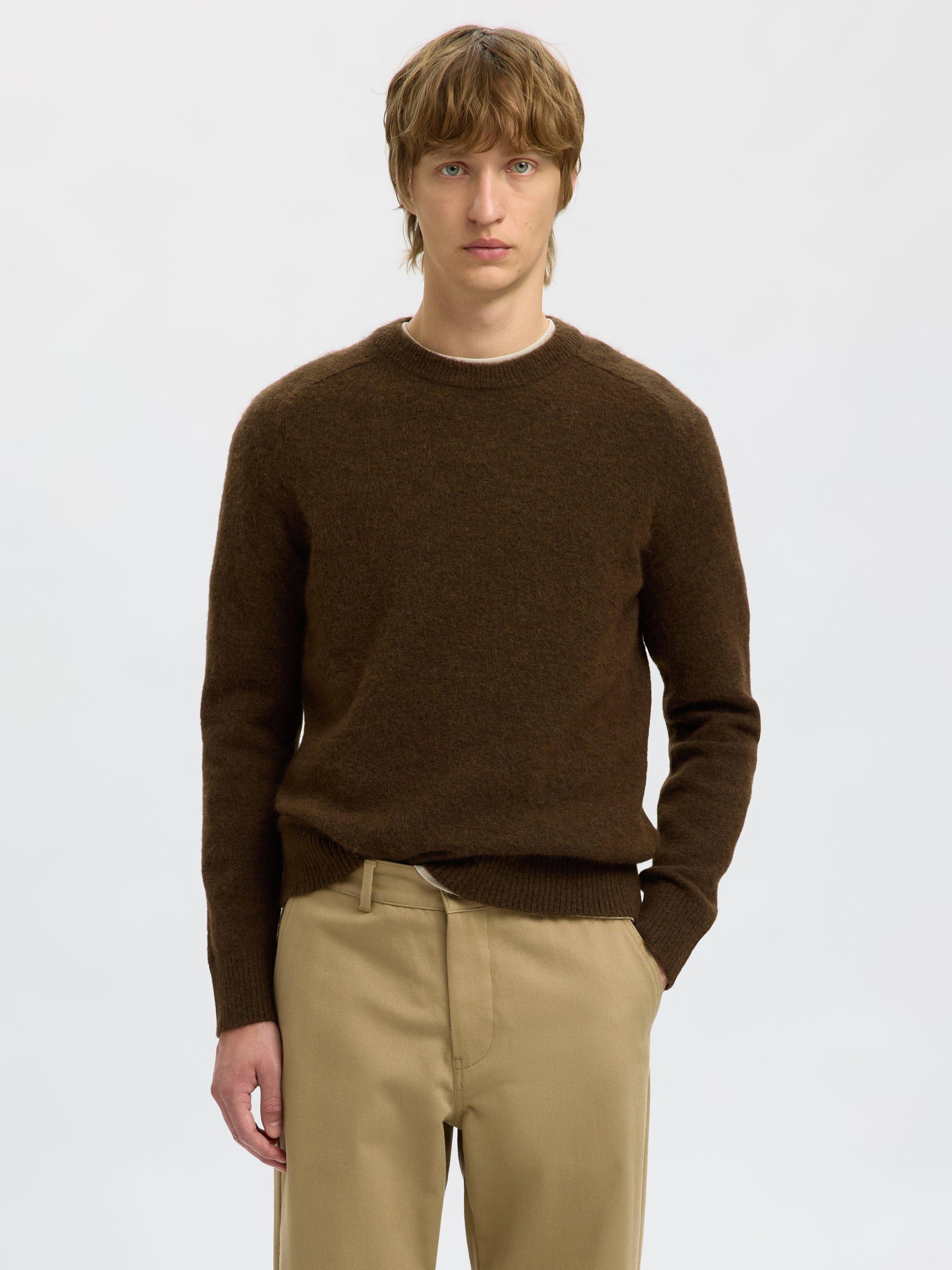 Selected Long-Sleeve Knit Crew Neck Jumper, Demitasse Brown