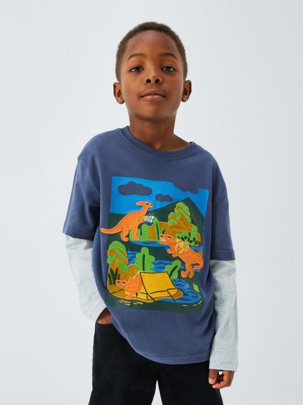 John Lewis Kids' Cotton Dinosaur Print Long Sleeve T-Shirt, Blue/Multi, Blue/Multi