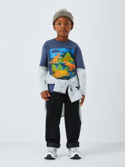 John Lewis Kids' Cotton Dinosaur Print Long Sleeve T-Shirt, Blue/Multi - view 2, Blue/Multi