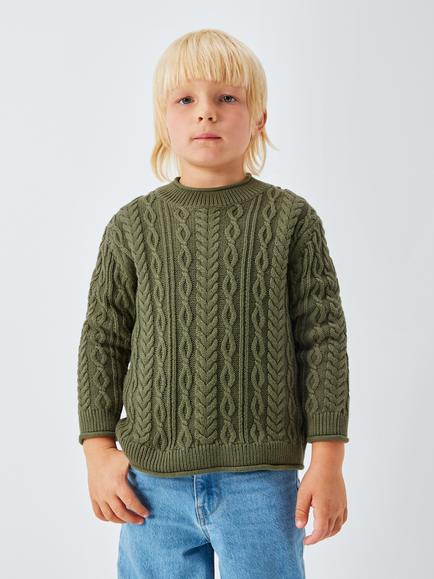 John Lewis Kids' Crew Neck Cable Knit Jumper, Olive, Olive