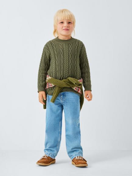 John Lewis Kids' Crew Neck Cable Knit Jumper, Olive - view 2, Olive