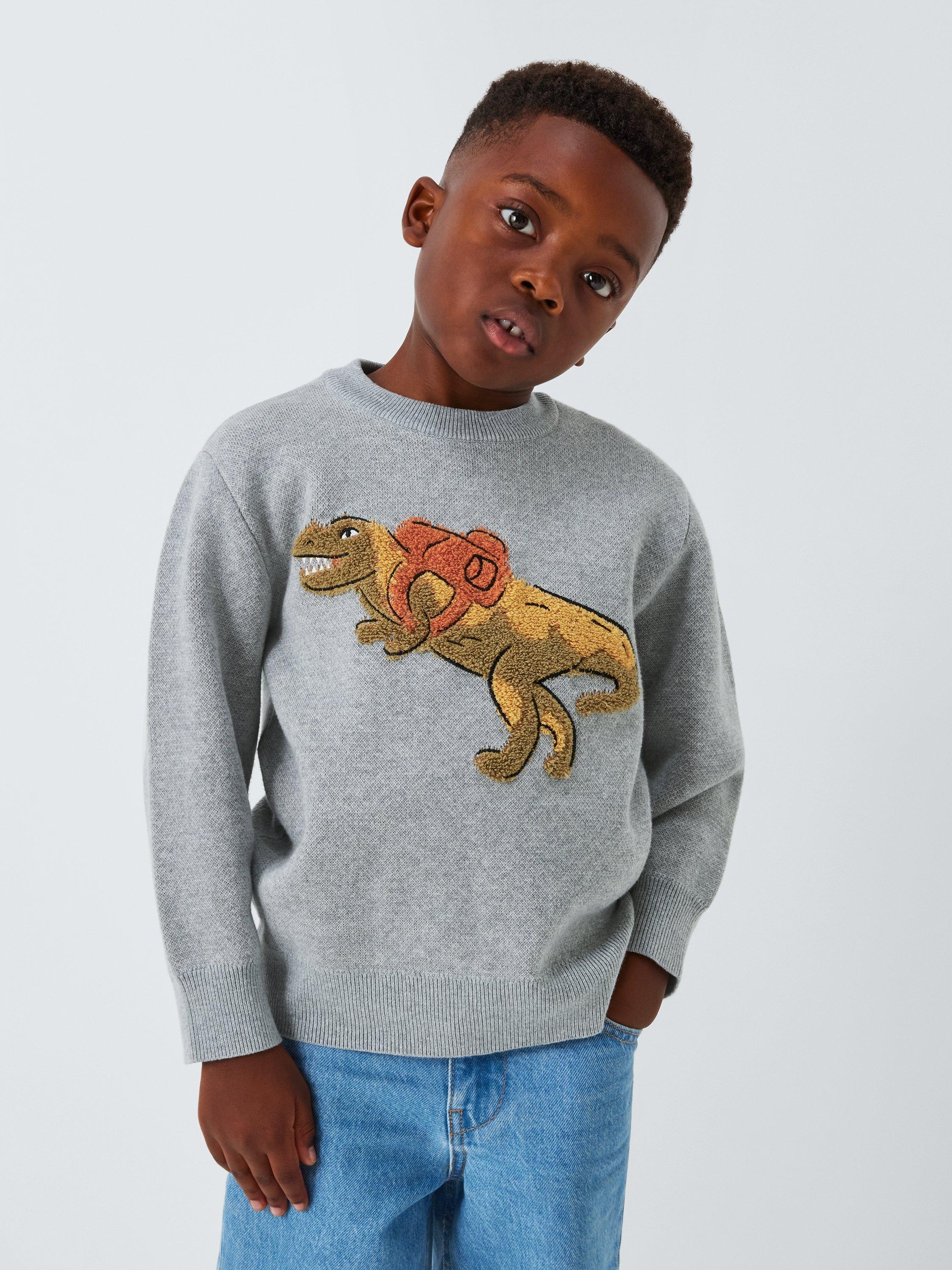 Product image 1 of 7, which shows John Lewis Kids' Boucle Dinosaur Jumper, Grey / Multi, 9 years