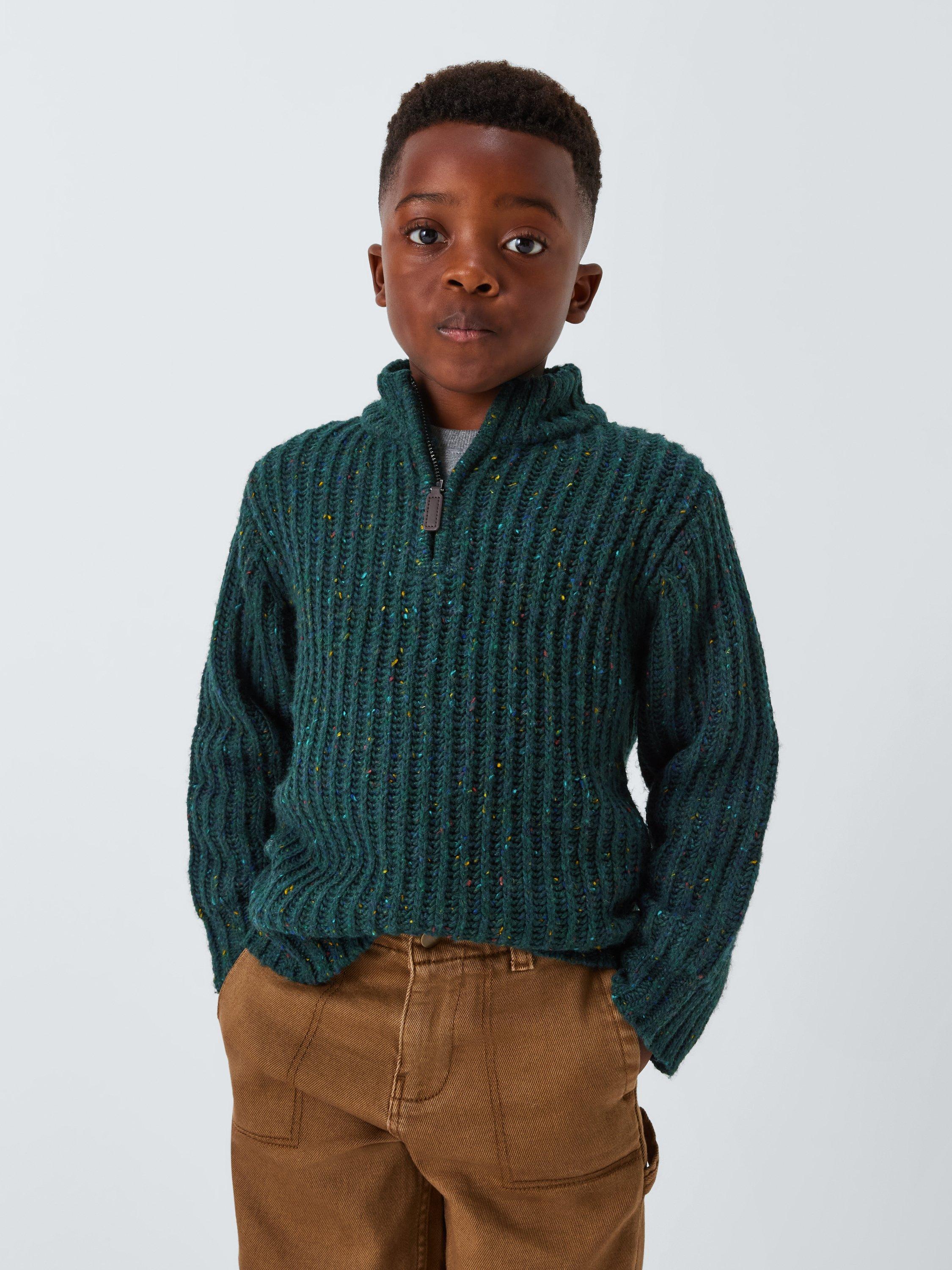 Product image 1 of 7, which shows John Lewis Kids' Pop Fleck Zip Neck Jumper, Green / Multi, 3 years