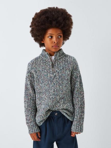 John Lewis Kids' Twist Knit Zip Neck Jumper, Grey Multi - view 2, Grey Multi