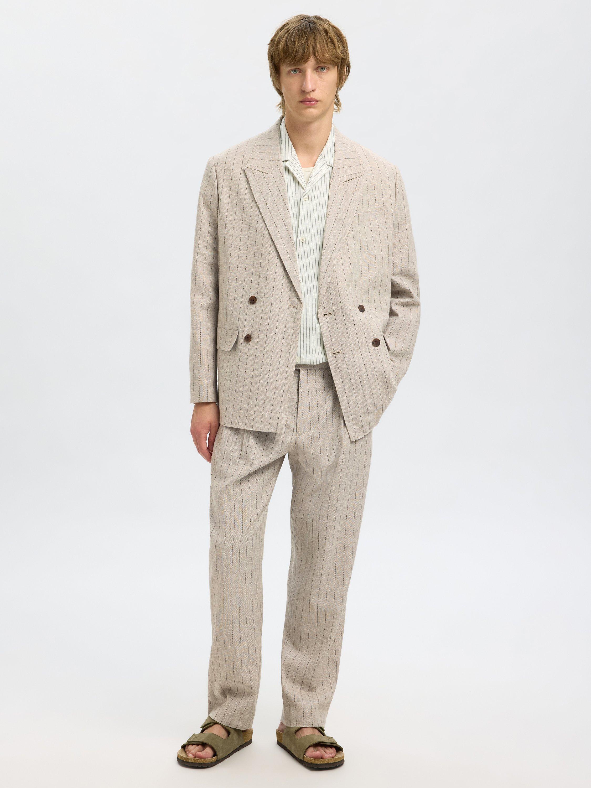 Product image 4 of 6, which shows Selected Relaxed Malik Linen Blend Suit Trousers, Oatmeal, 30R